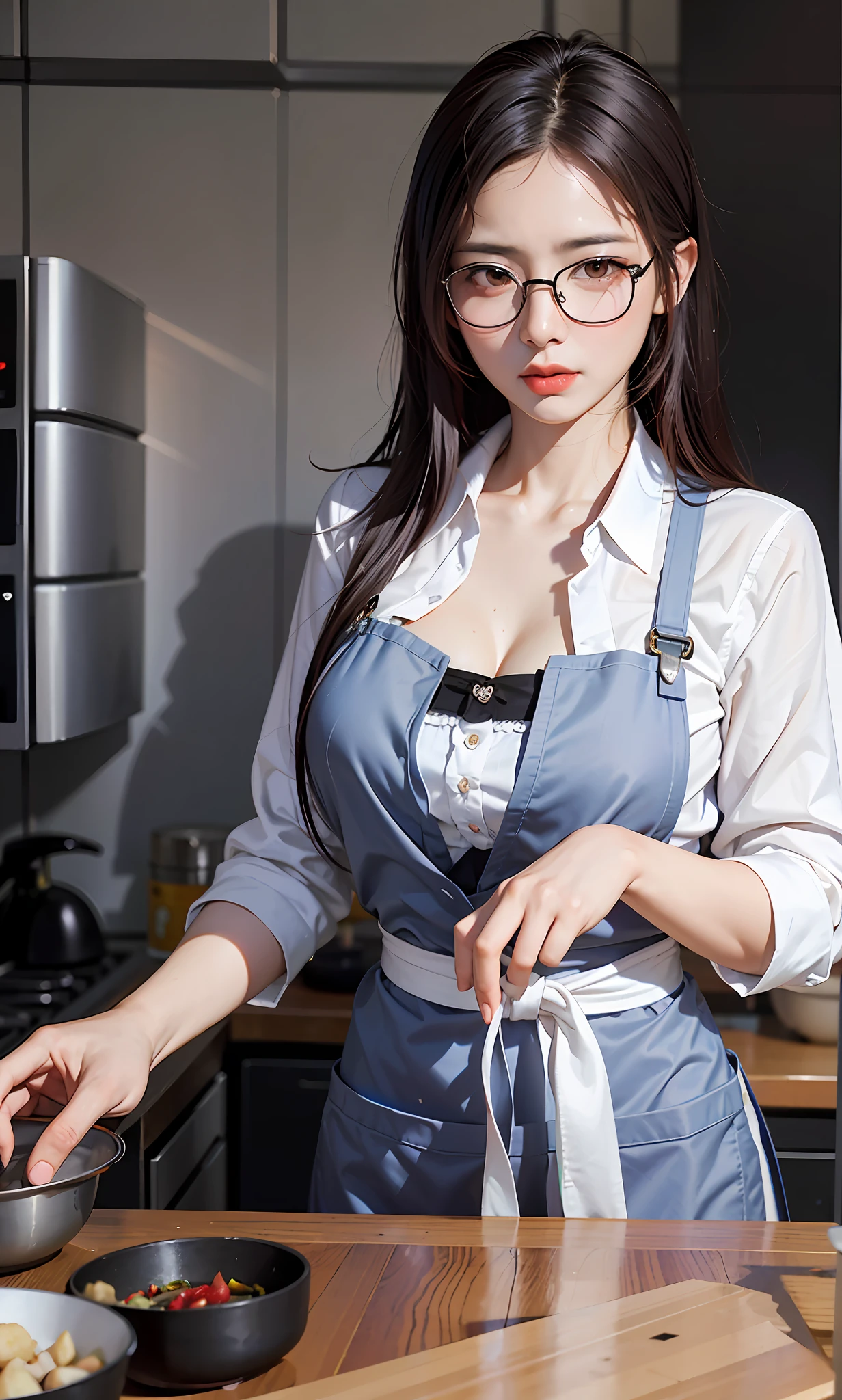 There was a woman in the kitchen preparing food on the table, With glasses, gorgeous maid, sakimichan, full-body xianxia, gorgeous chinese models, Maid outfit, wears glasses, nerdy appearance, Cooking, taken with canon 5d mk4, sakimichan hdri, nerdy, with square glasses, Realistic. Cheng Yi, wearing apron