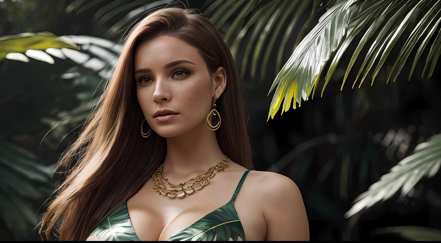 (Masterpiece: 1.3), (8k, Photorealistic, RAW Photo, Best Quality: 1.4), (UHD), (Ultra High Realism), (Ultra High Definition), (Ultra High Detail), (Increase Contrast), ( Increase saturation), (((1girl:1.3))), A pretty woman, ( looks like Jane Seymour, 25 years old), with a perfect figure: 1.4, Pretty face, Beautiful face, (Realistic face), Beautiful hairstyle , Realistic light green eyes, Beautiful details, (Realistic skin), Beautiful skin, with freckles on the shoulders, face and bust, Attractive, Ultra High Definition, Ultra realistic, Highly detailed, (Large Breasts: 1.3), (Neckline: 0.8), Caucasian or white, walking through the Arrivals Plaza in Sahl Hasheesh, Hurghada, Egypt, on a rainy afternoon, creating a small fog-like mist or misty mist falling to the ground, long hair and blonde, long wavy brown hair, long straight blonde hair, long slicked back blonde hair, long wavy blonde hair, long wavy brown hair, golden straight hair, long blonde brown hair, beautiful long straight hair, hair long wavy brunette, long wavy blonde hair, long ombre blonde hair, beautiful long brown hair, (brown blonde, large breasts: 1.3), (Neckline), necklace and earrings, Belly Button Piercing, ((Slim: 1.2 )), (Toned waist), firm and curvaceous buttocks, (( Body measurements: 1.68 meters tall and the ratio between bust, weight and waist and hip measurements 99 x 63 x 91 cm )), ((Shoulders and it's low-cut)), ((green tropical print dress, a jungle dress, a leaf dress, a green full-length dress, with a dress made of vines, fantasy tunic, dress made of leaves, dress made of creeper, green jungle background, green leaves dress, fantasy loose clothing, fantasy dress, fantasy style clothing, amazon queen, forest goddess, forest theme, warrior dress)), Shot on 70mm, 16 megapixel , 8k, Photorealistic, --q 5 --ar 9:16 --v 4, unreal engine, octane renderer, HQ, 8K (film grain: 1.3), 8k uhd, dslr, soft lighting, high quality, HDRI, Fujifilm XT3