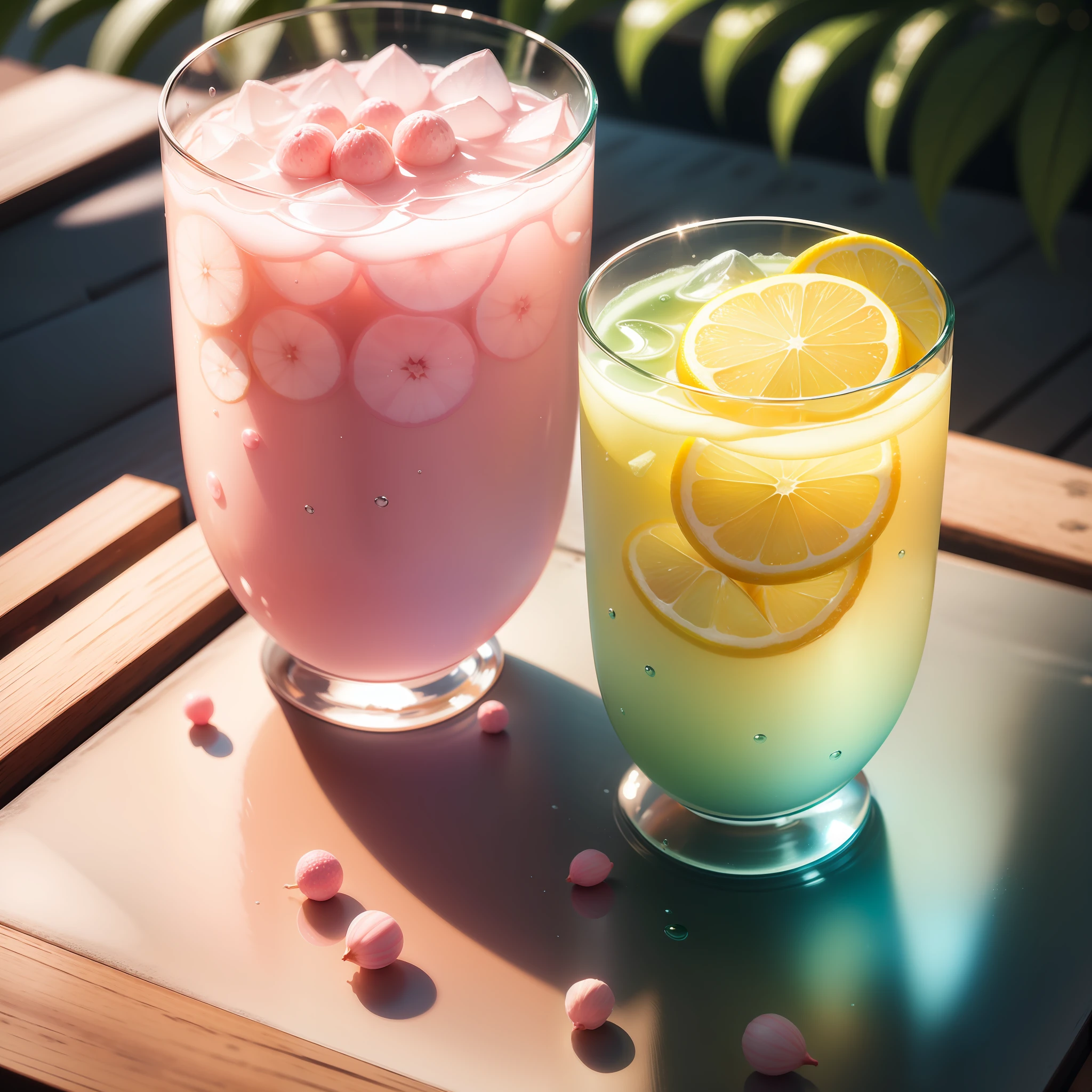 Large glass of cold ice and pale pink soda, Summer Feeling, delicado, ultra-detalhado, luz suave, Foco de Campo Profundo Bokeh, ray tracing, Distracted, ultra-fino, copa redonda, copo oval bonito, Fundo verde claro, papel de parede, verde de fundo, super delicate water pattern (ultra-fine glass reflection)、Sirva com flores pequenas、
