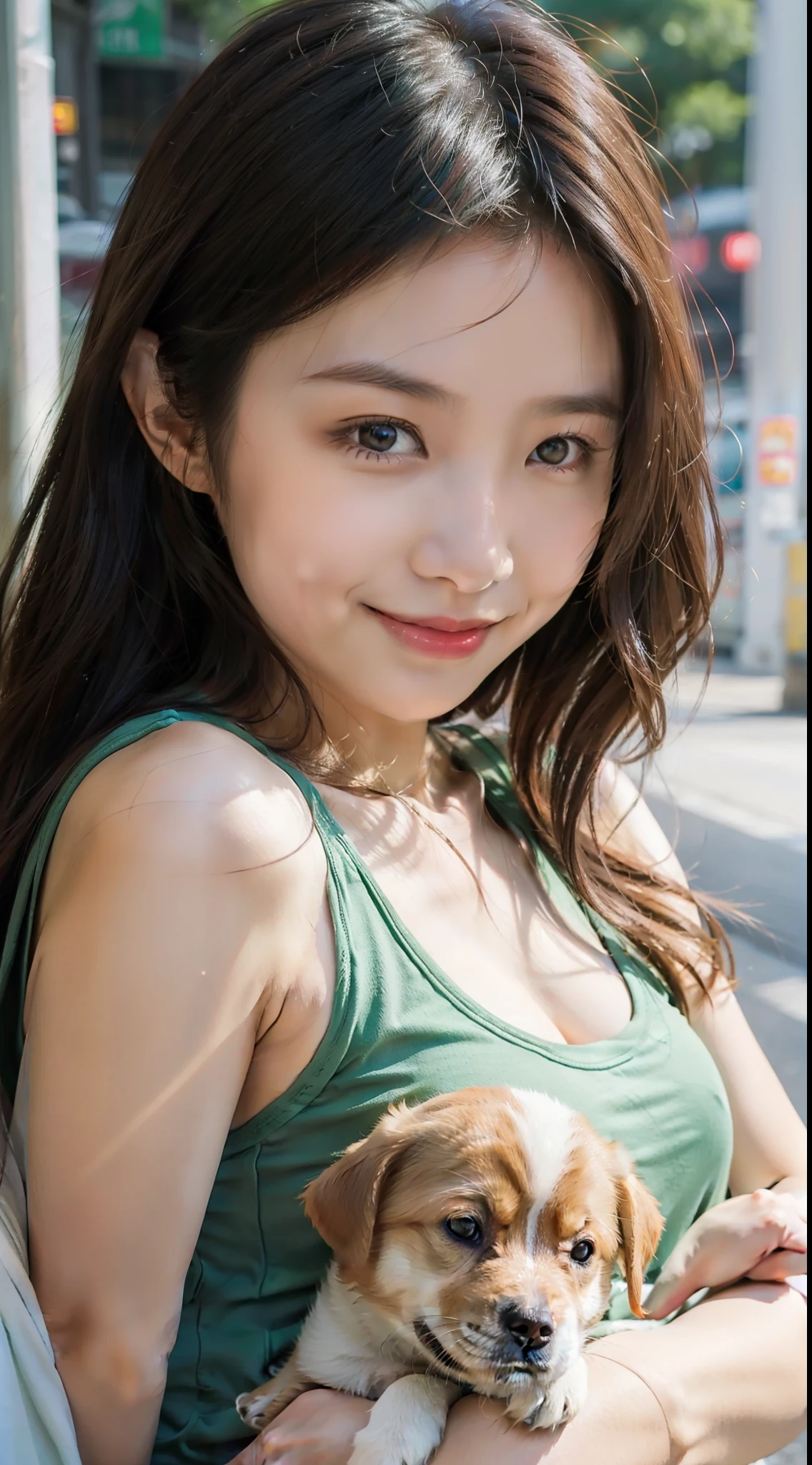 A beautiful Asian girl, smile, medium straight hair, white skin, smooth skin, medium breasts size, wearing green tank top, at the street side, hugging puppy, upper body portrait