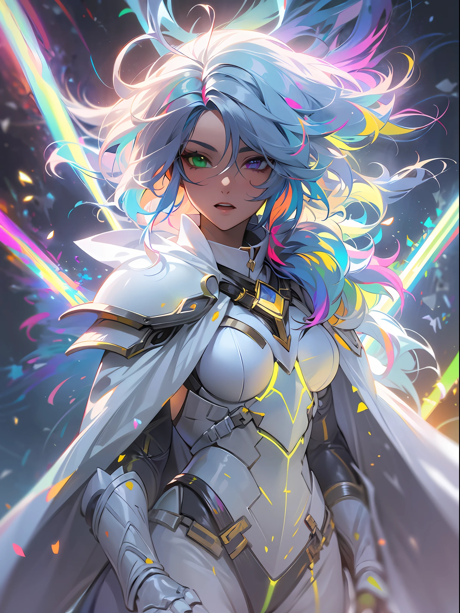 {a woman wearing white armor with white cape fighting}}, {{masterpiece}}, best quality, extremely detailed CG unity 8k wallpaper, cinematic lighting, lens flare, beautiful detail eyes, full body, black, multicolor hair, colorful light particles, heterochromia, (colorful:1.5), (colorful hair:1.5),