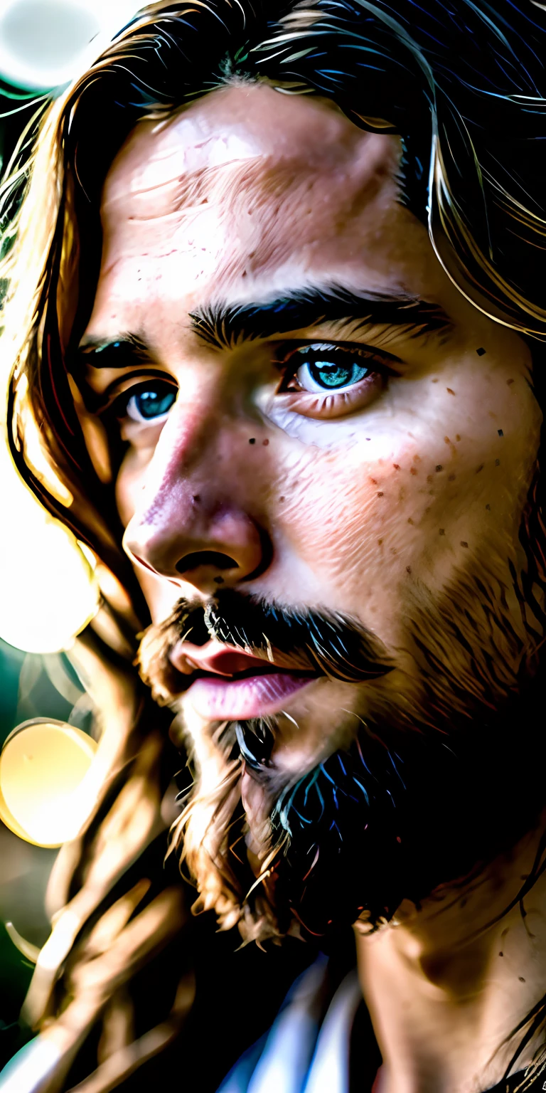 portrait of modern day Jesus, cinematic lighting, depth of field, bokeh, realism, photorealistic, hyperrealism, professional photography, uhd, dslr, hdr
