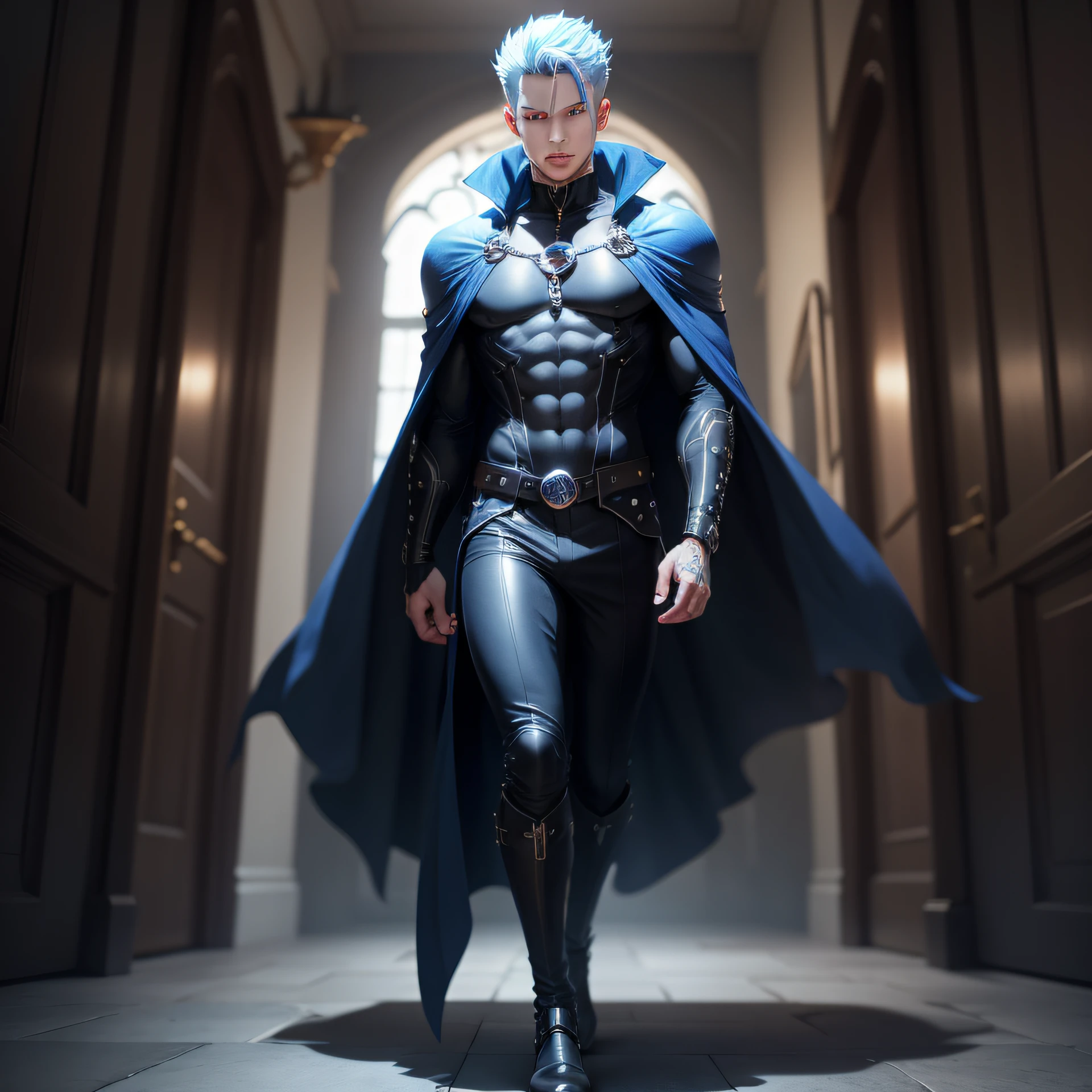 (masutepiece: 1.5), (Best Quality: 1.5), 1 Male Vampire, A beautiful Blue eyes, blue hairs, covered the whole body with a black cape,, Sapphire fasteners,Mysterious, hight resolution, Highly detailed, Simple CGI Background, Correct posture, 3d, in 8K, A detailed face, Detailed hand, Full body image from head to toe,