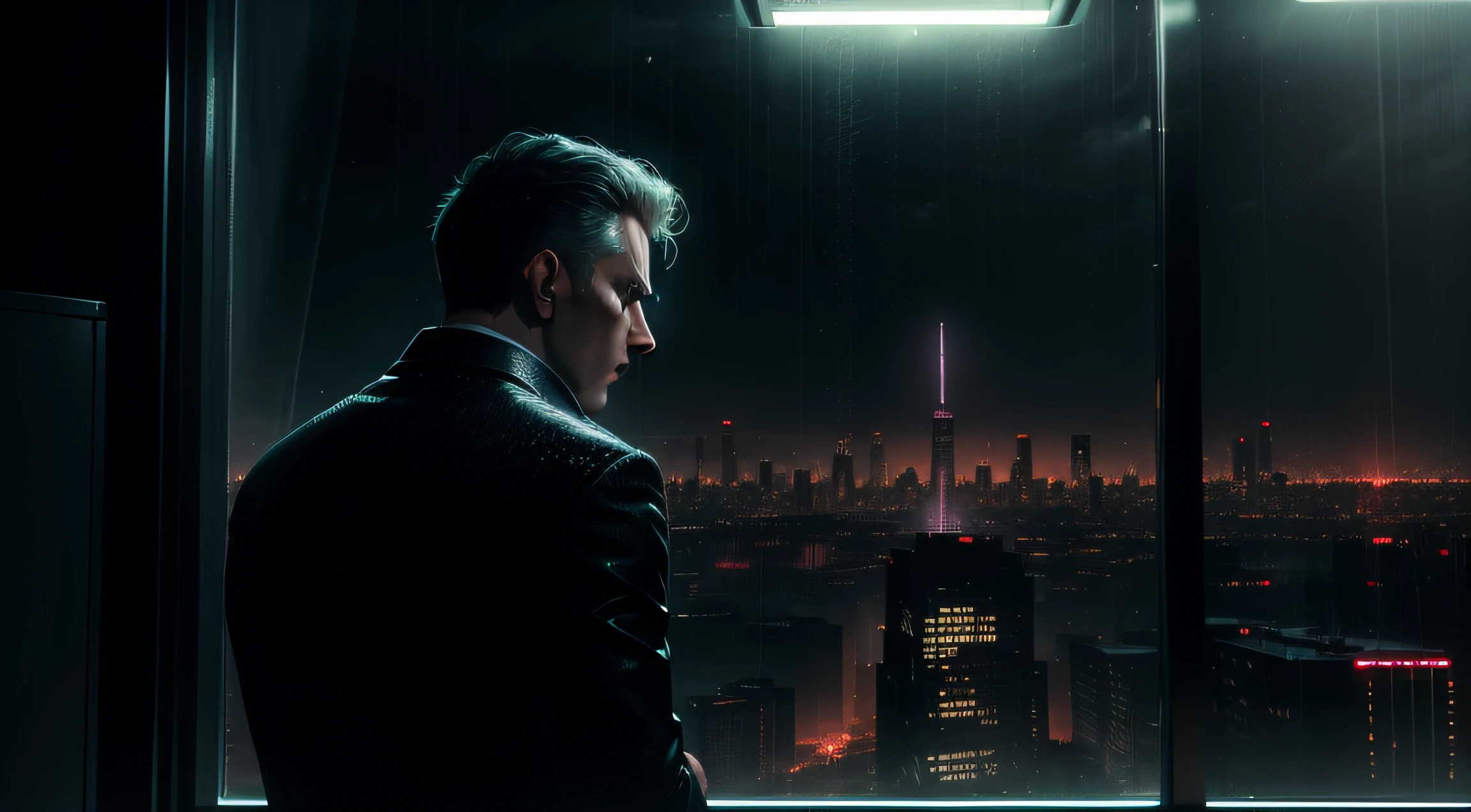 Sci-fi Moscow in the noir style. neon-lit cityscape visible through a rainy window; A man thinking in the foreground