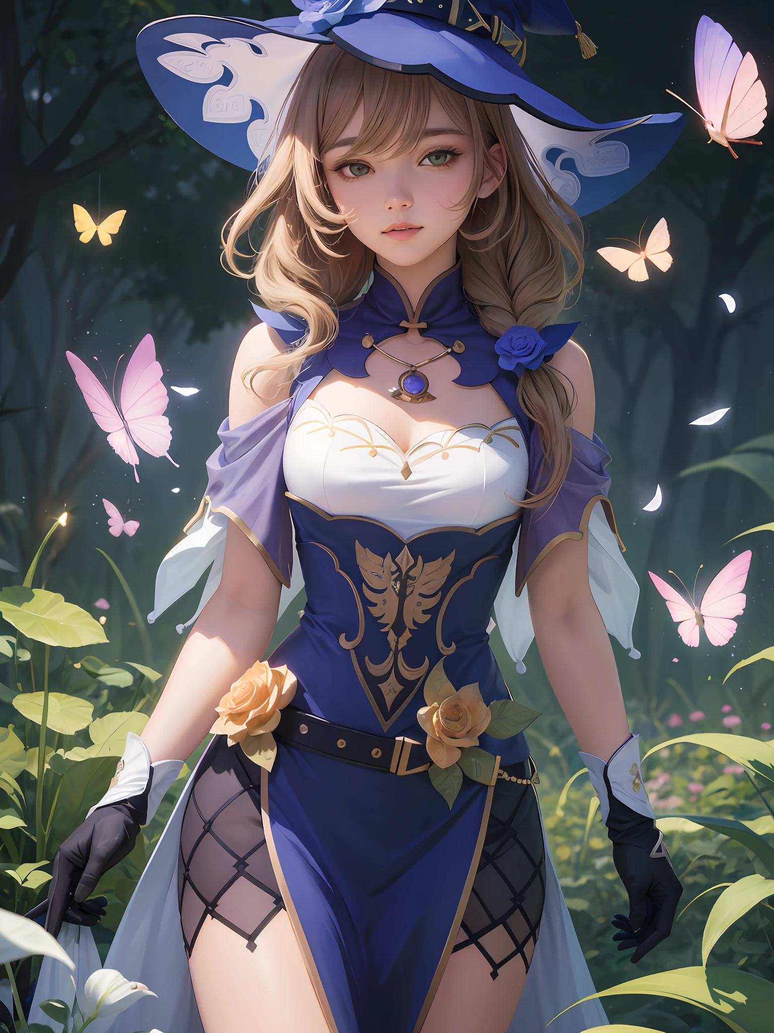 Lisa,1girll, Solo, full bodyesbian, (Masterpiece:1.21), (Best quality:1.2), Colorful, (illustration:1.2), (Cinematic lighting:1.1), (Bare shoulders:1.21), (鎖骨:1.21) In this whimsical and fantastic garden,The scene is rainbowed(colorful fireflies)illuminate,dance through the air。soft(Drizzle)Decorate the garden,It creates a hazy and ethereal atmosphere。In the center of the screen,There was a single teenage girl standing,Extremely delicate girl,Lovely facial features,The expression is innocent。Her long hair fluttered in the wind。She wears an ultra-low-cut strapless dress,Highlight her delicate curves。The lighting is very delicate and beautiful,Creates a soft and warm glow,Highlights the surface of the water,making it sparkle like diamonds。The finest grass is also illuminated,Create a lush carpet。The garden is surrounded by colorful fields of flowers,Flowers of all colors and shapes bloom。Various colors and sizes can be seen(Colorful butterflies)Fly around the scene,It adds to the overall sense of wonder and magic。 (Gentlemen),A flush is visible at the bridge of the nose,The mouth opened slightly,It also adds to the overall sense of innocence and youthfulness。Falling petals can be seen floating around her,It adds to the overall romance and beauty。A gentle breeze,The leaves rustle,Flowers sway,Adds to the overall dynamism and vitality。It is a scene of pure wonder and magic,Full of color and beauty,Viewers can lose themselves in this fascinating and fascinating world。
