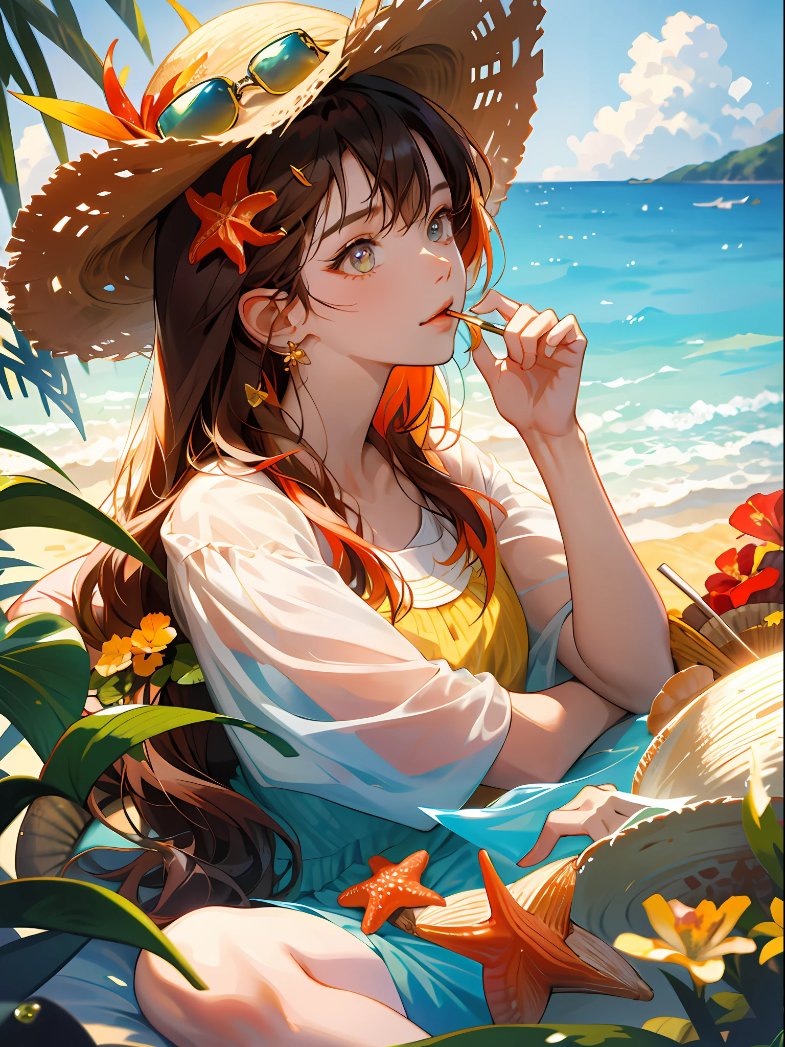 absurdres, highres, ultra detailed, 1girl, solo, extremely detailed eyes, starfish, seashell, shell, flower, hat, hair ornament, jewelry, straw hat, looking at viewer, sunglasses, hat flower, drinking straw, hairclip, earrings, red flower, tinted eyewear, yellow flower, bangs, english text, multicolored hair, orange flower, black hair, ring, cup, long hair, orange-tinted eyewear, food, brown hair, portrait, shell hair ornament