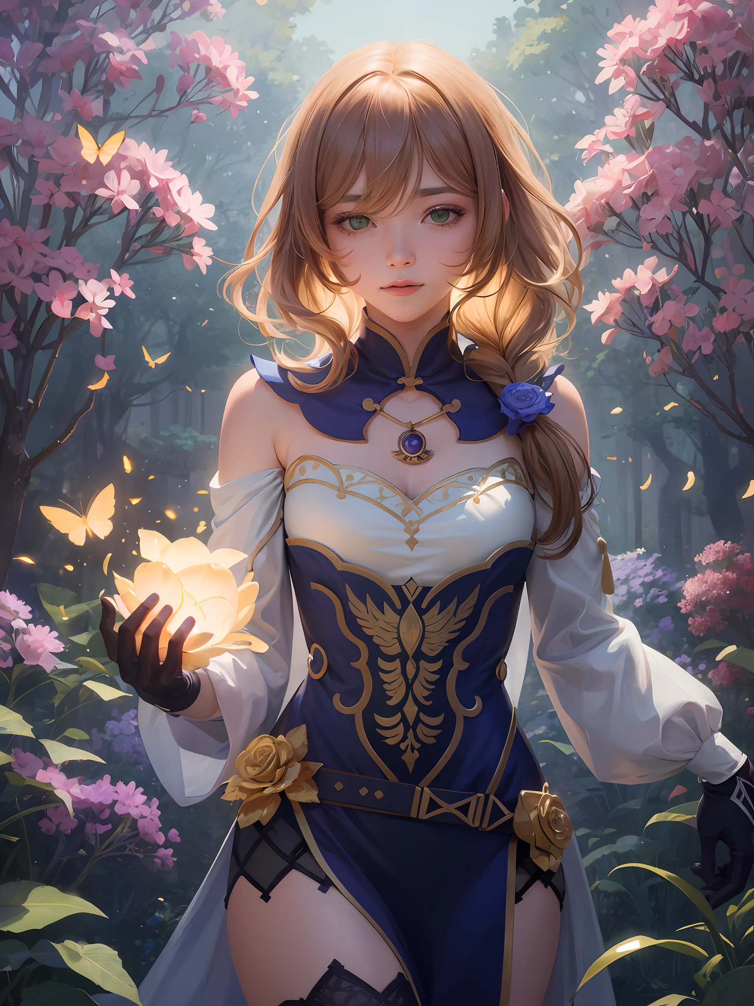 Lisa,1girll, Solo, full bodyesbian, (Masterpiece:1.21), (Best quality:1.2), Colorful, (illustration:1.2), (Cinematic lighting:1.1), (Bare shoulders:1.21), (鎖骨:1.21) In this whimsical and fantastic garden,The scene is rainbowed(colorful fireflies)illuminate,dance through the air。soft(Drizzle)Decorate the garden,It creates a hazy and ethereal atmosphere。In the center of the screen,There was a single teenage girl standing,Extremely delicate girl,Lovely facial features,The expression is innocent。Her long hair fluttered in the wind。She wears an ultra-low-cut strapless dress,Highlight her delicate curves。The lighting is very delicate and beautiful,Creates a soft and warm glow,Highlights the surface of the water,making it sparkle like diamonds。The finest grass is also illuminated,Create a lush carpet。The garden is surrounded by colorful fields of flowers,Flowers of all colors and shapes bloom。Various colors and sizes can be seen(Colorful butterflies)Fly around the scene,It adds to the overall sense of wonder and magic。 (Gentlemen),A flush is visible at the bridge of the nose,The mouth opened slightly,It also adds to the overall sense of innocence and youthfulness。Falling petals can be seen floating around her,It adds to the overall romance and beauty。A gentle breeze,The leaves rustle,Flowers sway,Adds to the overall dynamism and vitality。It is a scene of pure wonder and magic,Full of color and beauty,Viewers can lose themselves in this fascinating and fascinating world。