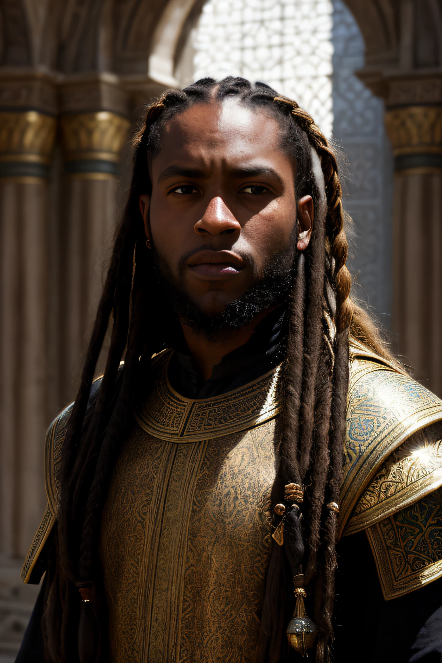 close up portrait of a 26 year-old confident blasian dark-skinned medieval fantasy nobleman, almond-shaped eyes, gorgeous hazel-colored eyes, very long hair, dutch braids and dreadlocks, chin strap beard, square jaw, intense and fierce look, steadfast expression, athletic, strong, imposing, rich traditional fantasy north african nobleman's clothes, in a fantasy north african palace, (backlighting), realistic, masterpiece, highest quality, lens flare, shade, bloom, [[chromatic aberration]], by Jeremy Lipking, by Antonio J. Manzanedo, digital painting