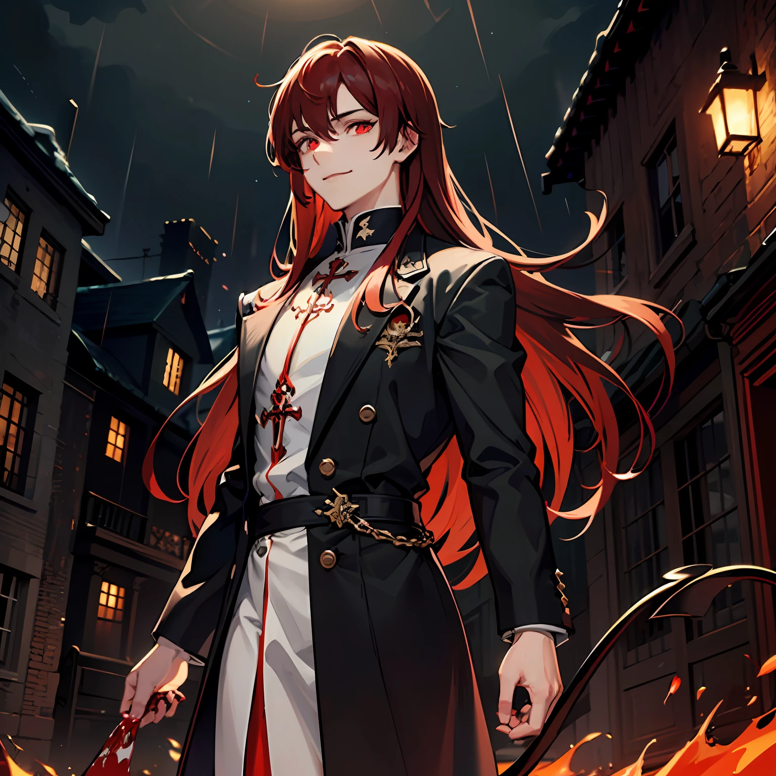 (absurd, highres, ultra-detailed),((human)),((((male teen)))), finely detailed eyes, ((dark red hair)), complex pattern, detailed face, magic effect, best proportion four fingers and one thumb, blood, red aura, smile, closed mouth, ((glowing red eyes)), torn clothes, cassock, demon tail, walking in a city, bloody hands, crying blood, macabre, gothic, ((long hair)), heavy rain, night, dark, blood moon, only 1 people, mask