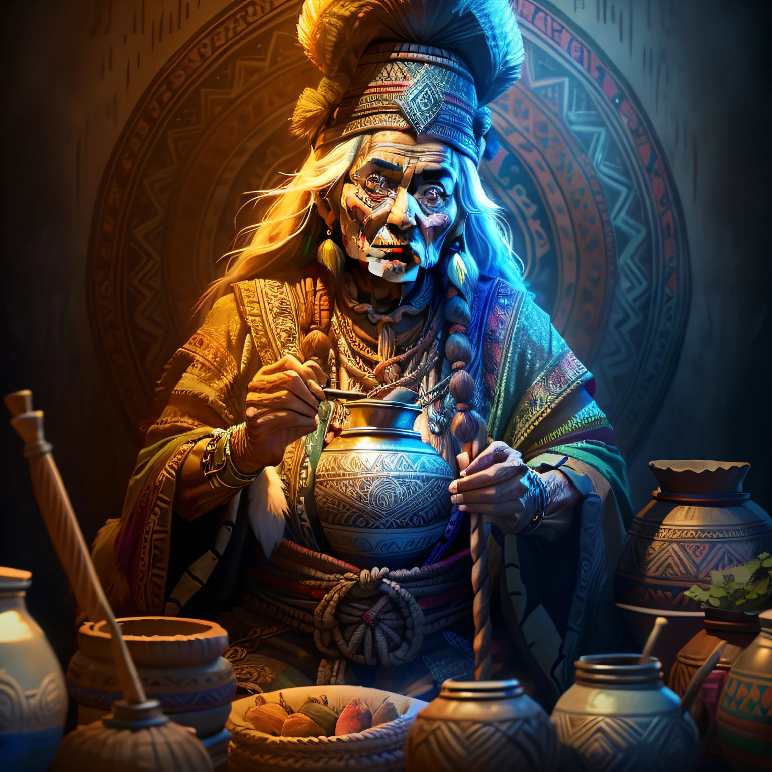 A tribal elder with a cauldron in the background, fotografia, bonito, fundo preto, colorido, realista, obras-primas, qualidade superior, melhor qualidade, arte oficial, beautiful and aesthetic,