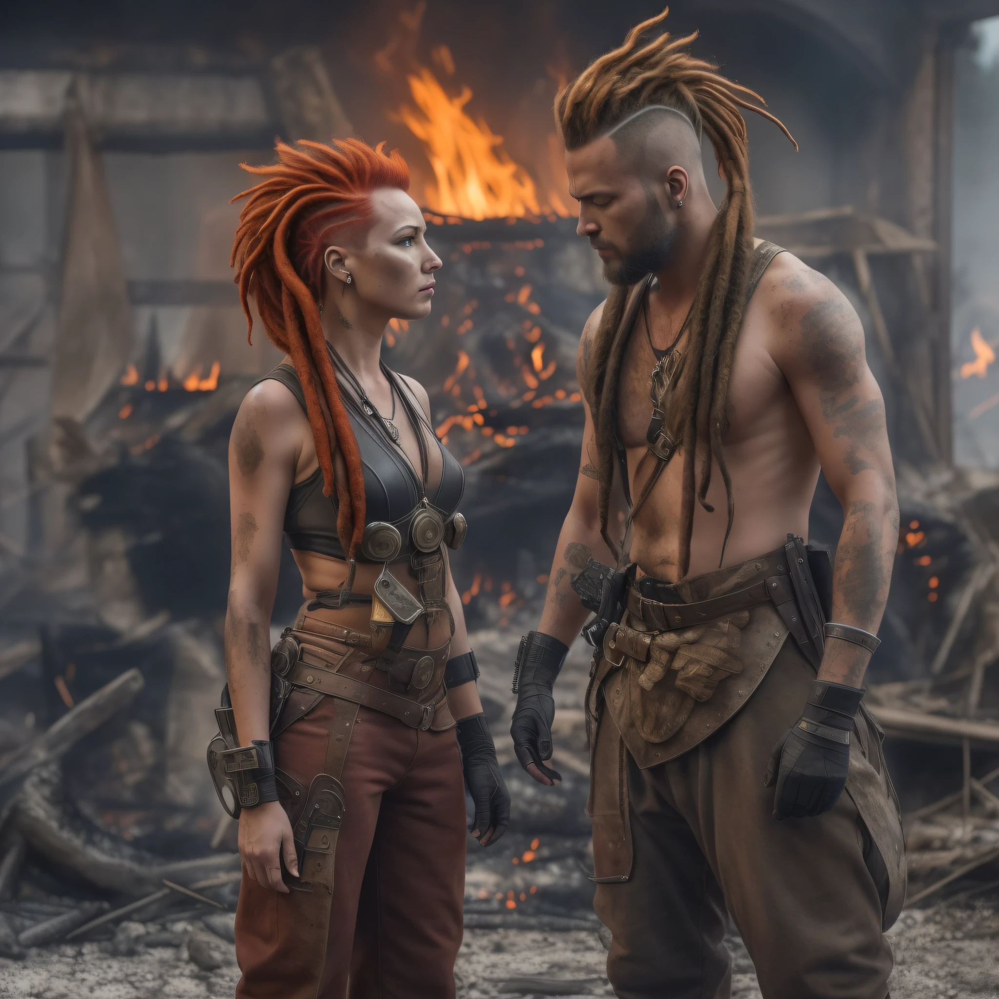 a couple of people standing in front of a fire, in a post apocalyptic setting, hairstyle red mohawk, fantasy movie still, sharing an oxygen tank, 2019, dreads, movie still, symmetrical dieselpunk warrior, dirt and unclean, puṣkaracūḍa, lovely couple, kashin, tvs