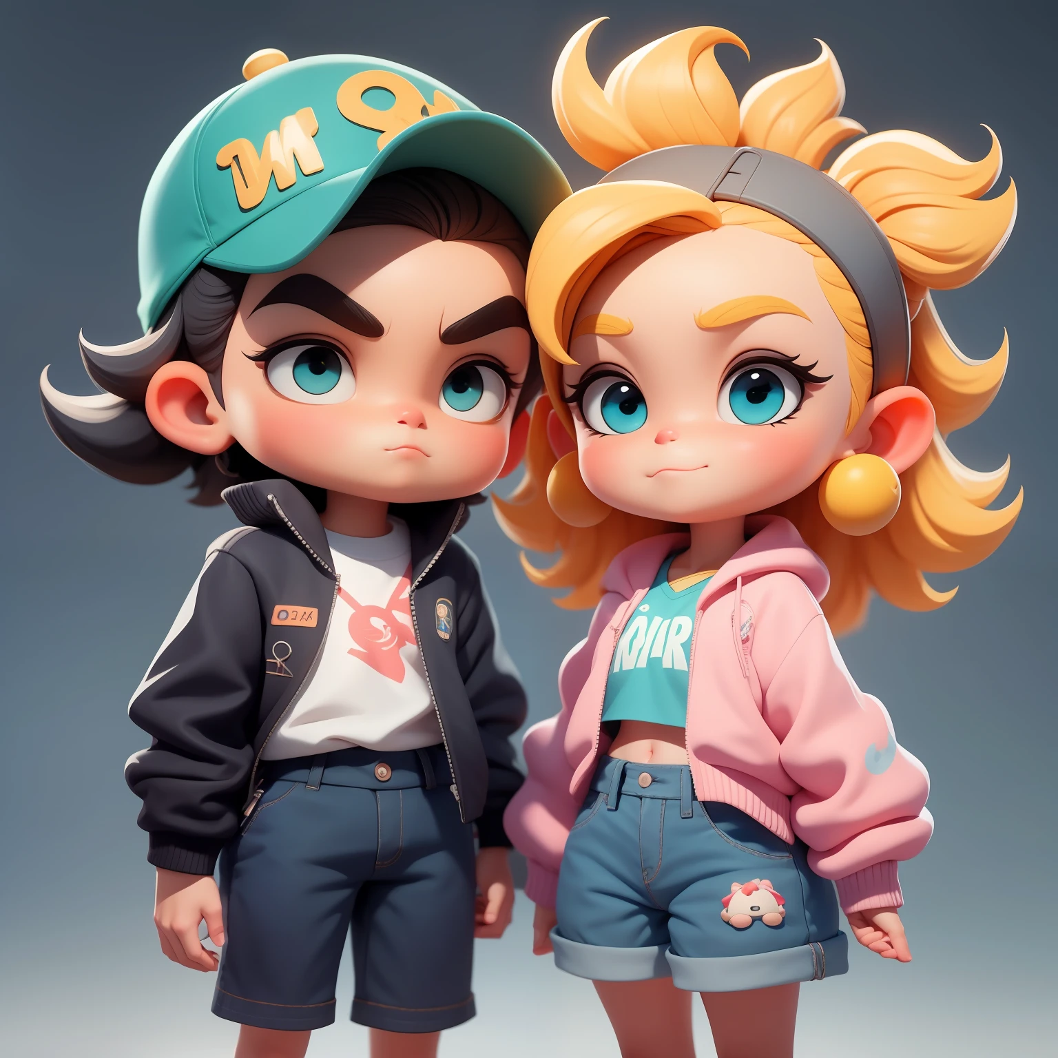 Um  e uma menina bonitos, corpo inteiro, fantastic cute hair accessories Popmart blind box, IP de design, Bright background clean 3D rendering, OC rendering, 8k, Foco suave, brilho fino super detalhe --ar 3:6 50 --q 2 --niji 5 --expressividade estilo --s 2