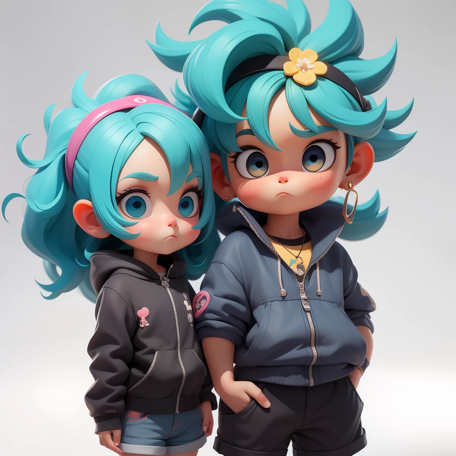Um menino e uma menina super bonitos, corpo inteiro, fantastic cute hair accessories Popmart blind box, IP de design, Bright background clean 3D rendering, OC rendering, 8k, Foco suave, brilho fino super detalhe --ar 3:6 50 --q 2 --niji 5 --expressividade estilo --s 2