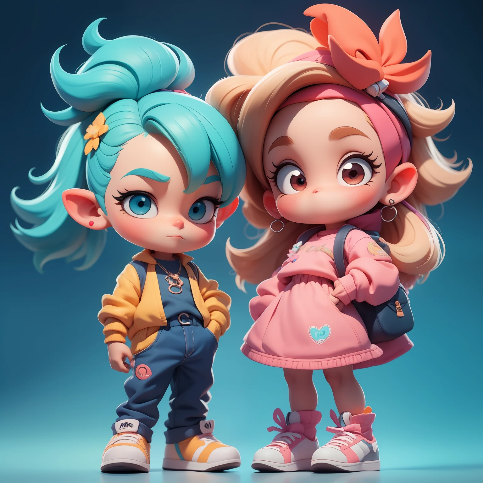 Um e uma menina bonitos, corpo inteiro, fantastic cute hair accessories Popmart blind box, IP de design, Bright background clean 3D rendering, OC rendering, 8k, Foco suave, brilho fino super detalhe --ar 3:6 50 --q 2 --niji 5 --expressividade estilo --s 2