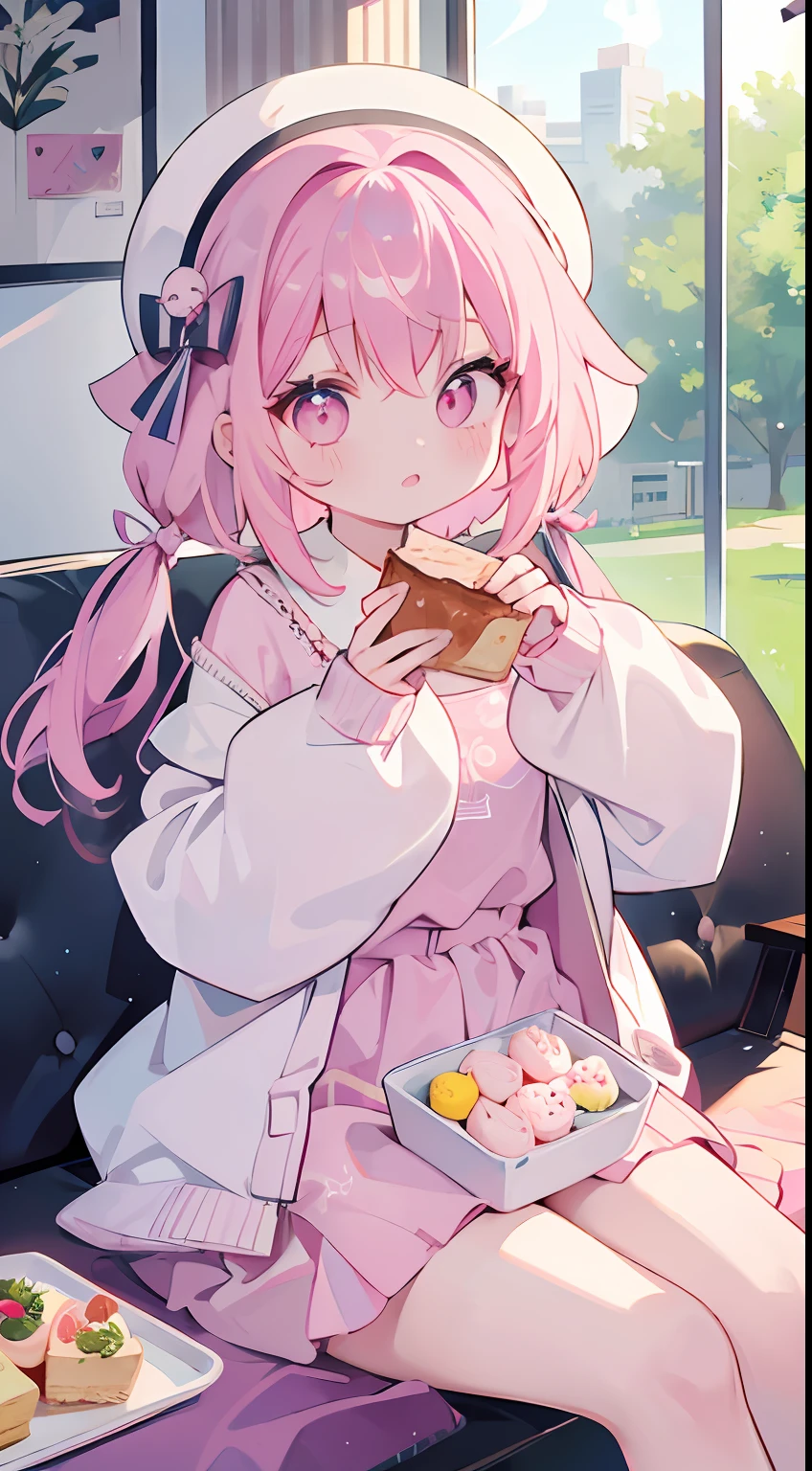 One girl、Pink hair、Pink eyes、parfait、Sit up、eats、cute little、doress、top-quality、Top image quality、​masterpiece