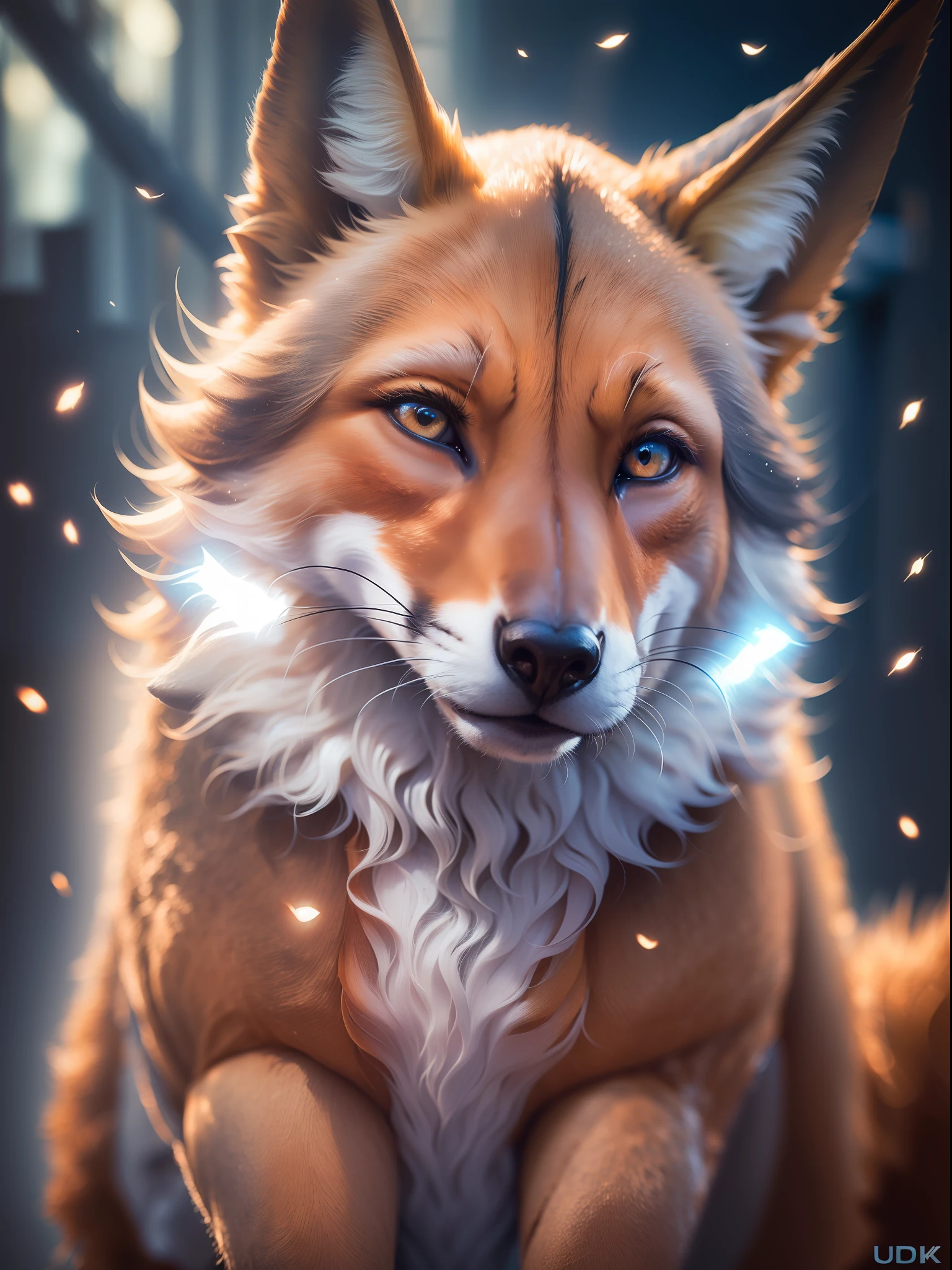 (Realistic Fox), animal selvagem, feroz, com dentes grandes afiados), (Highly detailed ultra-realistic image:1.2), (fotorrealista:1.2), com detalhes intrincados. (Background with lighting effects with rays and bright colored powers with high contrast and saturation:1.2). ((cinematic photography, UHD, 8k)).