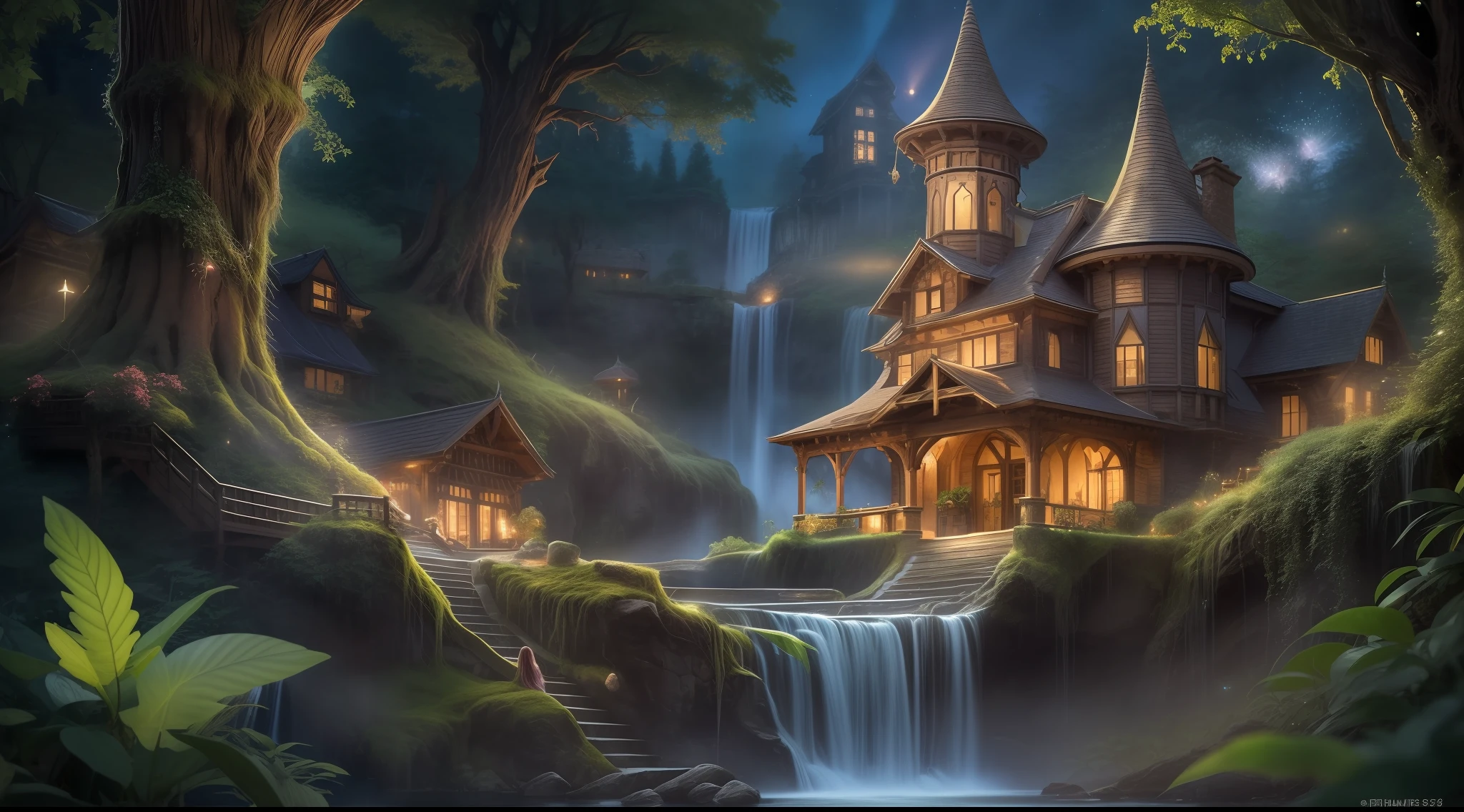 In the distance, a mesmerizing sight unfolds before the eyes: the ethereal home of the fairies. Perched on the edge of a mystical waterfall, the house is a whimsical blend of nature and magic. Elaborate vines adorned with shimmering crystals spiral around the ancient trees, leading to the fairy abode. Soft, radiant lights emanate from within, creating a warm and inviting glow that contrasts beautifully with the surrounding twilight. The waterfall cascades gracefully, and its water seems to carry a hint of fairy dust, glistening as it flows down the moss-covered rocks. The night sky above is a canvas of stars, their gentle twinkling adding to the enchanting atmosphere. This magical sight, untouched by time, stirs the imagination and evokes a sense of wonder. Use the image-generating AI to capture this fantastical scene, letting the viewer's imagination take flight as they glimpse the distant home of the fairies