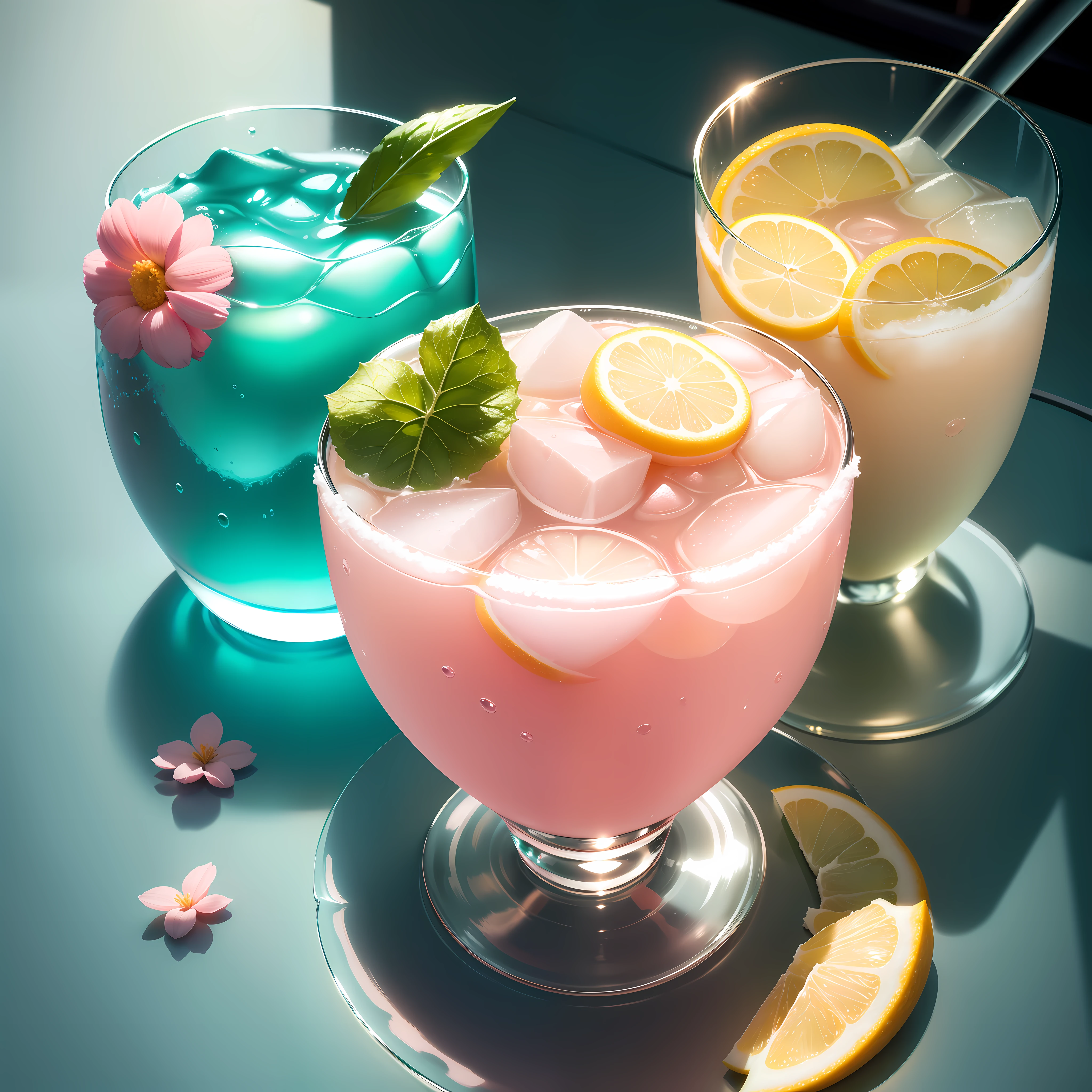 Large glass of cold ice and pale pink soda, Summer Feeling, delicado, ultra-detalhado, luz suave, Foco de Campo Profundo Bokeh, ray tracing, Distracted, ultra-fino, copa redonda, copo oval bonito, Fundo verde claro, papel de parede, verde de fundo, super delicate water pattern (ultra-fine glass reflection)、Sirva com flores pequenas、