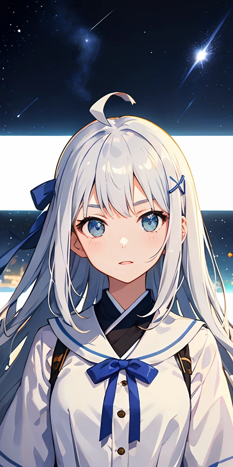 one girls, Animated, Kyoto Animation Style, Anime Screen, view straight on, focus on girl, Head_tilt, 小柄, girl with, Very long hair, Random hair, asymmetrical bangs, Hair intake, Shiny hair, Ahoge, Beautiful face,White Dress, bow ribbon, hair clips, Bracelet, Galaxy,