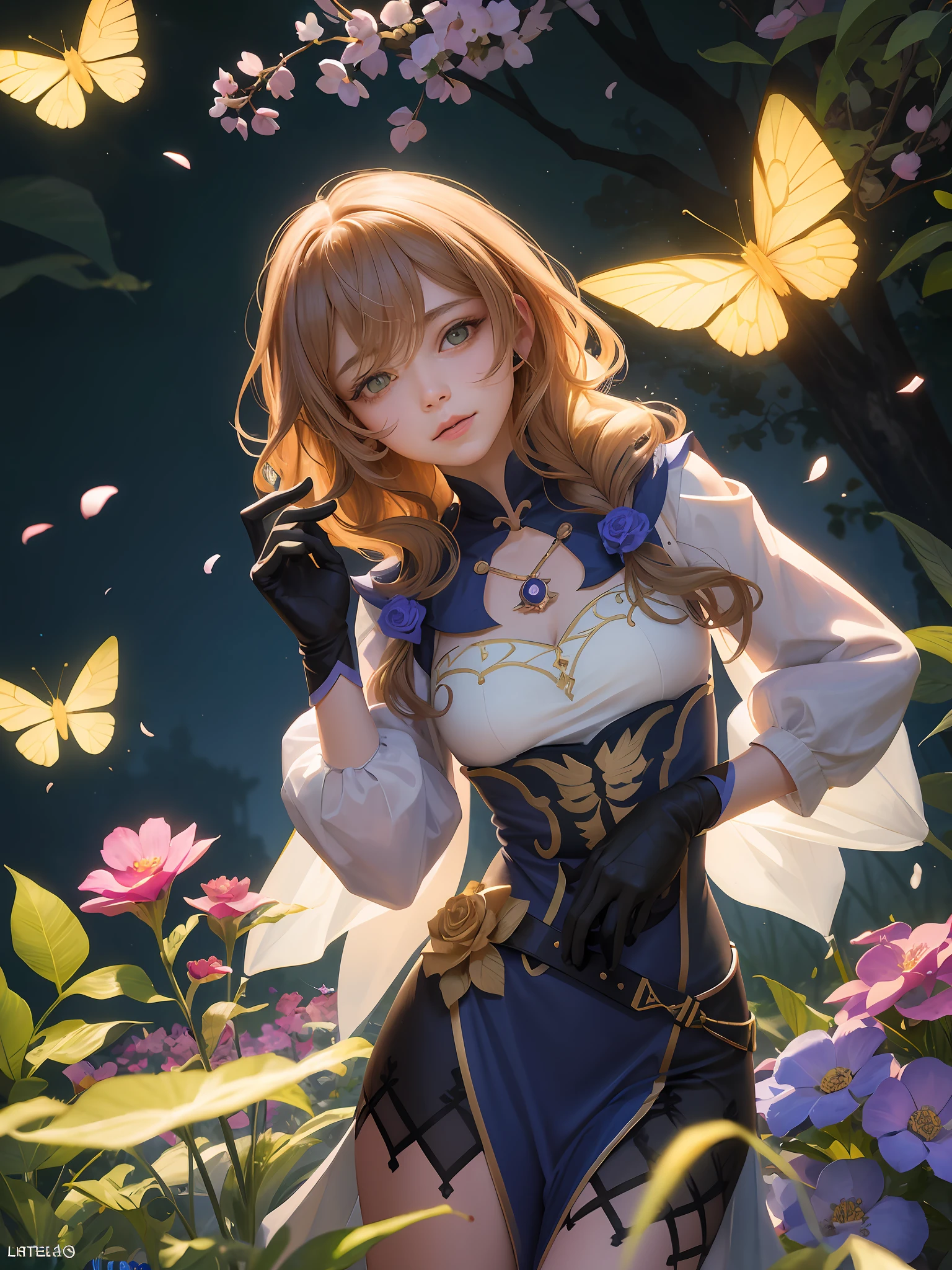 Lisa,1girll, Solo, full bodyesbian, (Masterpiece:1.21), (Best quality:1.2), Colorful, (illustration:1.2), (Cinematic lighting:1.1), (Bare shoulders:1.21), (鎖骨:1.21) In this whimsical and fantastic garden,The scene is rainbowed(colorful fireflies)illuminate,dance through the air。soft(Drizzle)Decorate the garden,It creates a hazy and ethereal atmosphere。In the center of the screen,There was a single teenage girl standing,Extremely delicate girl,Lovely facial features,The expression is innocent。Her long hair fluttered in the wind。She wears an ultra-low-cut strapless dress,Highlight her delicate curves。The lighting is very delicate and beautiful,Creates a soft and warm glow,Highlights the surface of the water,making it sparkle like diamonds。The finest grass is also illuminated,Create a lush carpet。The garden is surrounded by colorful fields of flowers,Flowers of all colors and shapes bloom。Various colors and sizes can be seen(Colorful butterflies)Fly around the scene,It adds to the overall sense of wonder and magic。 (Gentlemen),A flush is visible at the bridge of the nose,The mouth opened slightly,It also adds to the overall sense of innocence and youthfulness。Falling petals can be seen floating around her,It adds to the overall romance and beauty。A gentle breeze,The leaves rustle,Flowers sway,Adds to the overall dynamism and vitality。It is a scene of pure wonder and magic,Full of color and beauty,Viewers can lose themselves in this fascinating and fascinating world。