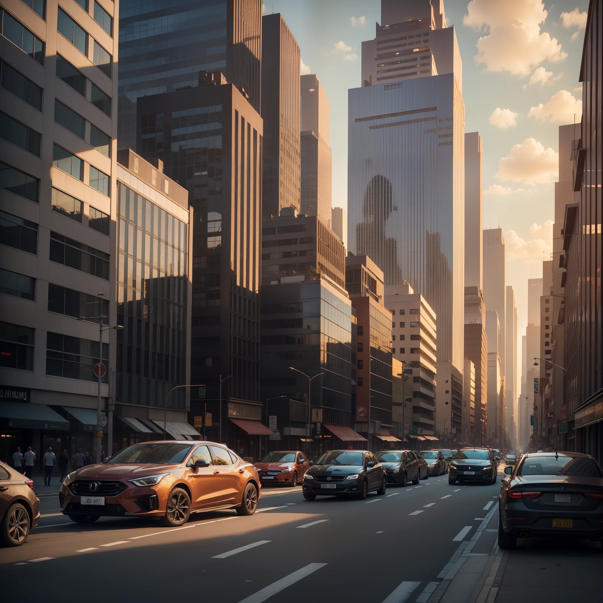 A city full of high quality buildings late afternoon, com carros nas ruas 4k