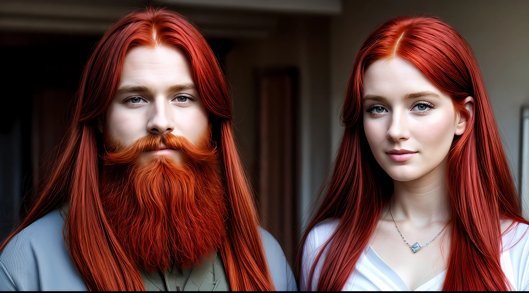 A beautiful red-haired girl, her father with a beard and long red hair and a beautiful sparkling gemstone