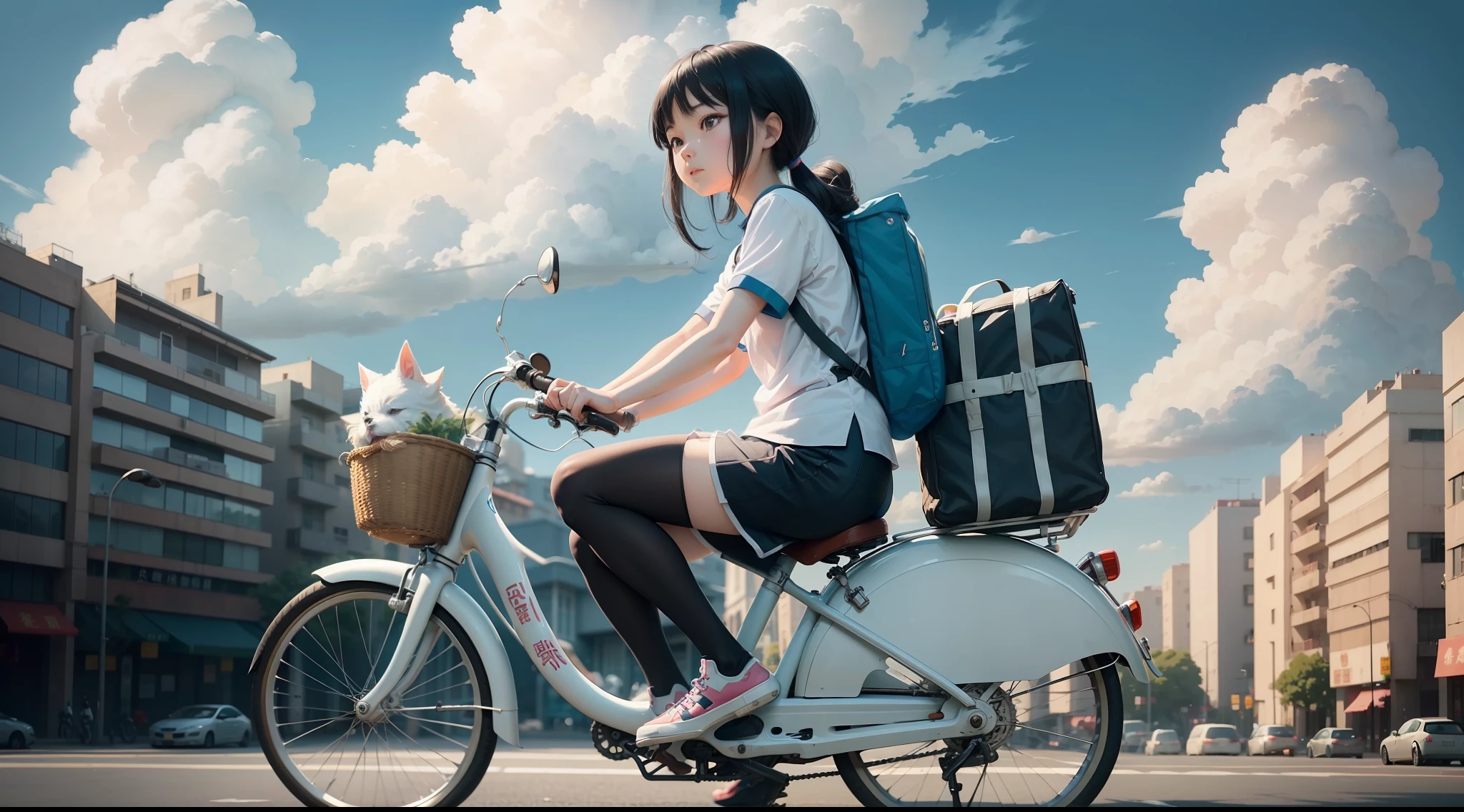 A Chinese girl rides a bicycle, There was a small white dog in the car, the city street, with blue sky and white clouds, summer, cool, in style of hayao miyazaki, black hair, anime, Ghibli-like colours, anime style, cinematic lighting, three sided view, panorama, UHD, anatomically correct, super detail