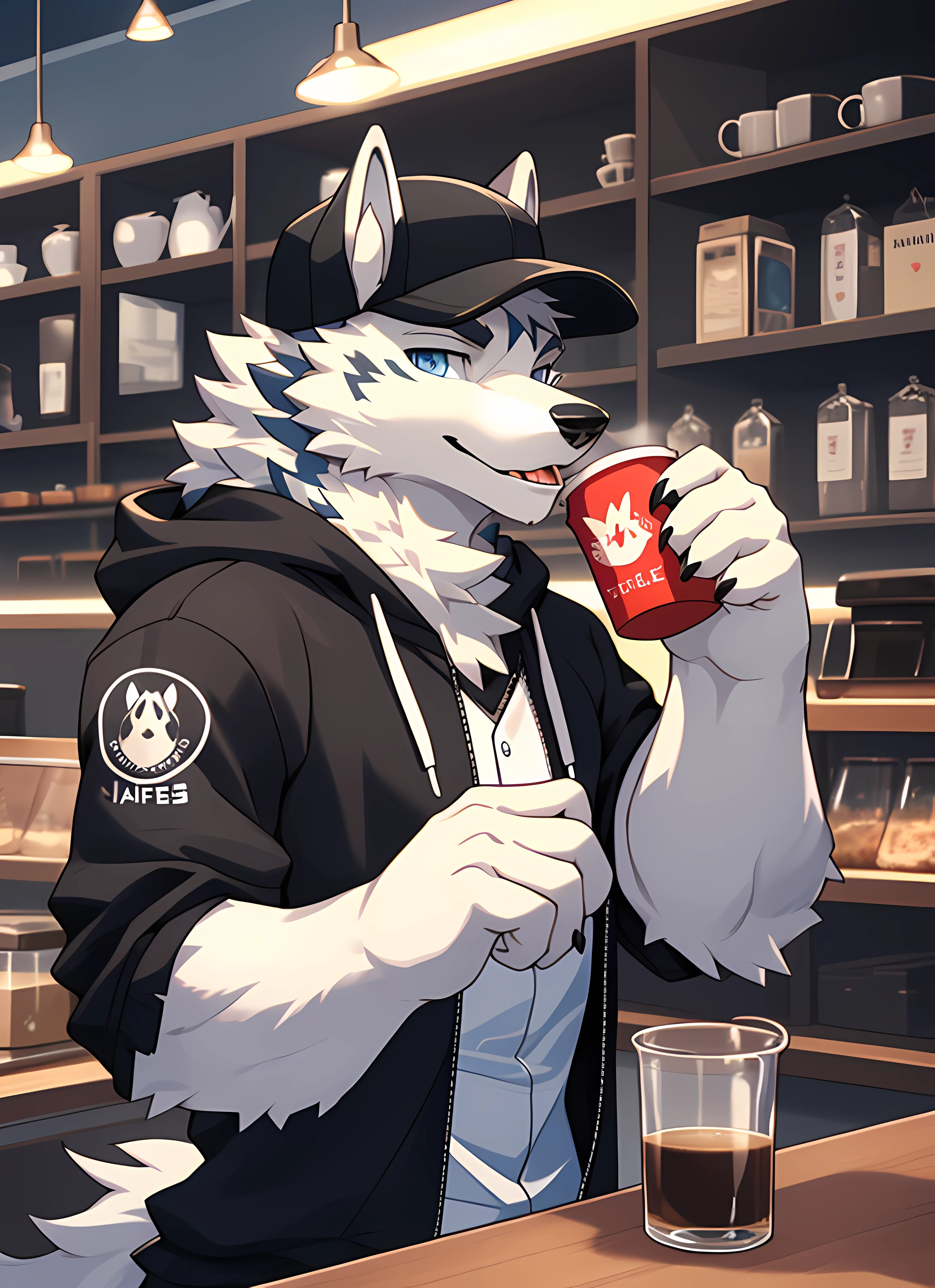 独奏，Furry，Male ice wolf，Silver reflective hair，White skin，Gray ears，Blue eyes，sharp talons，Huge fluffy tail，Wearing a black hoodie，Wears a red baseball cap，drinking a coffee，detailedbackground，cafes，4K，CG，Beautiful