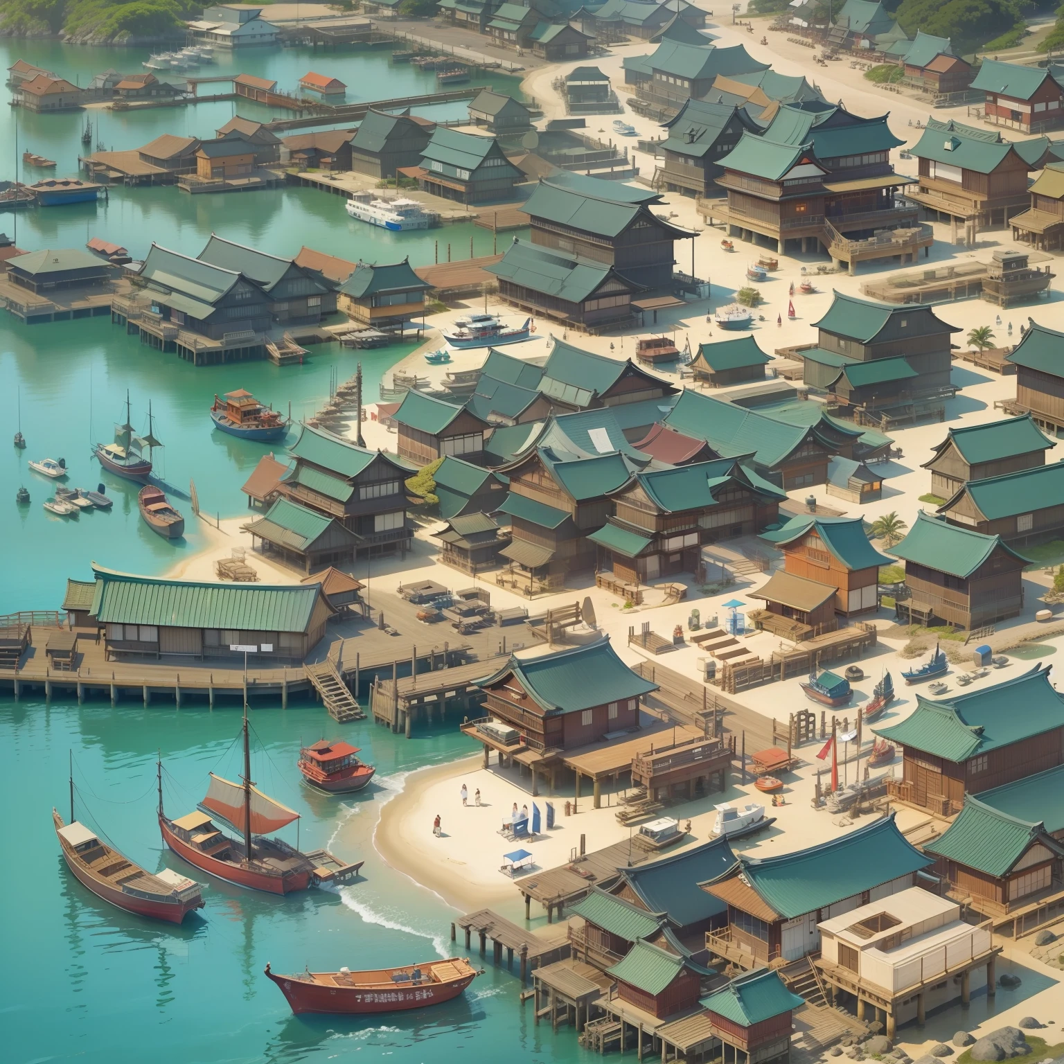 Traditional japanese island port, vacation resort, big port, sunny, white sandy beaches, many wooden dock piers, many docks, many dock piers, traditional japanese ships, blue sea, big body of water