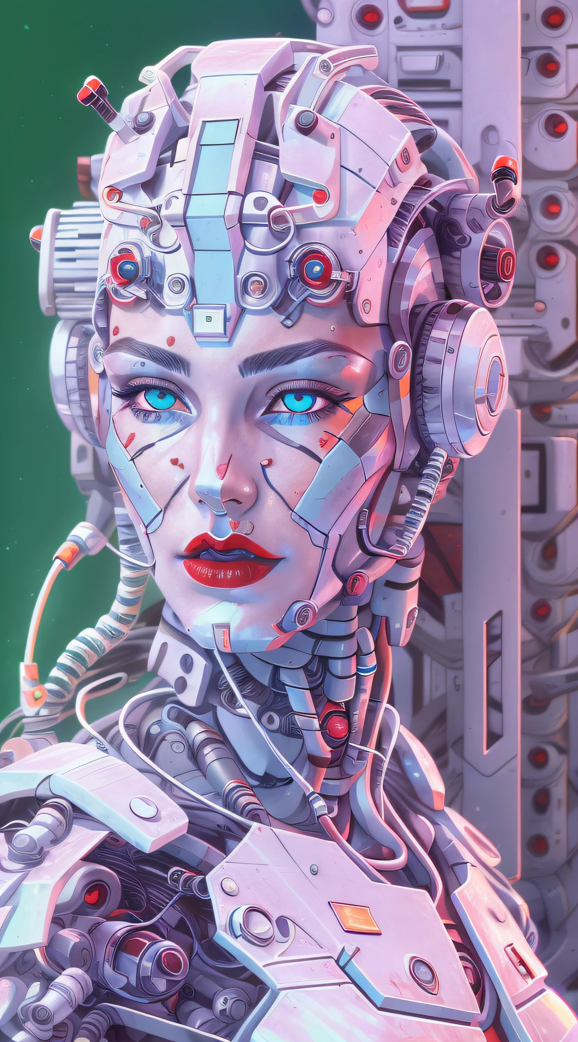 Araffed Cyborg with super detailed pieces of white plastic in very high resolution with red lipstick and light blue eyes