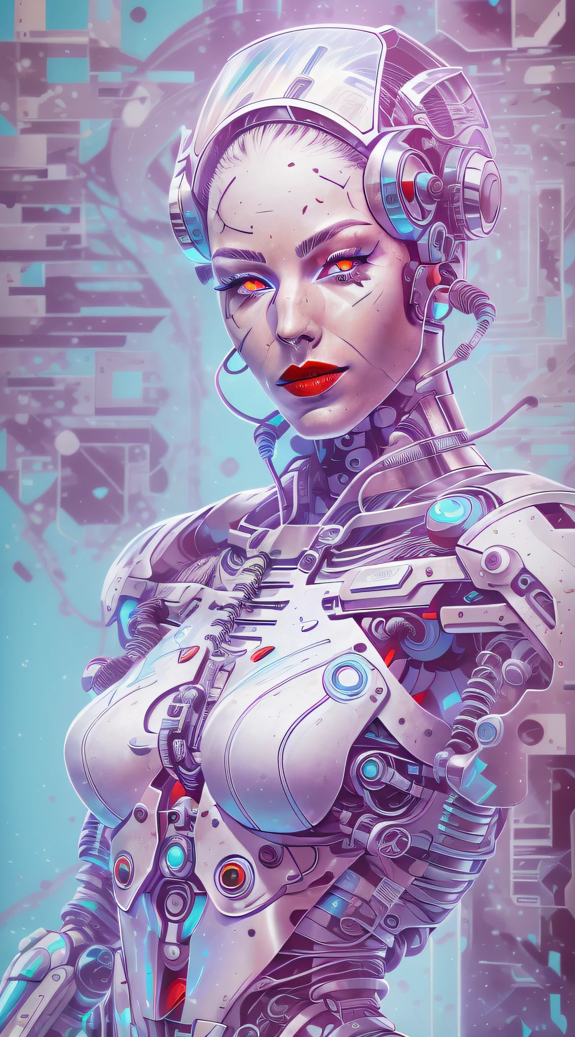 Araffed Cyborg with super detailed pieces of white plastic in very high resolution with red lipstick and light blue eyes