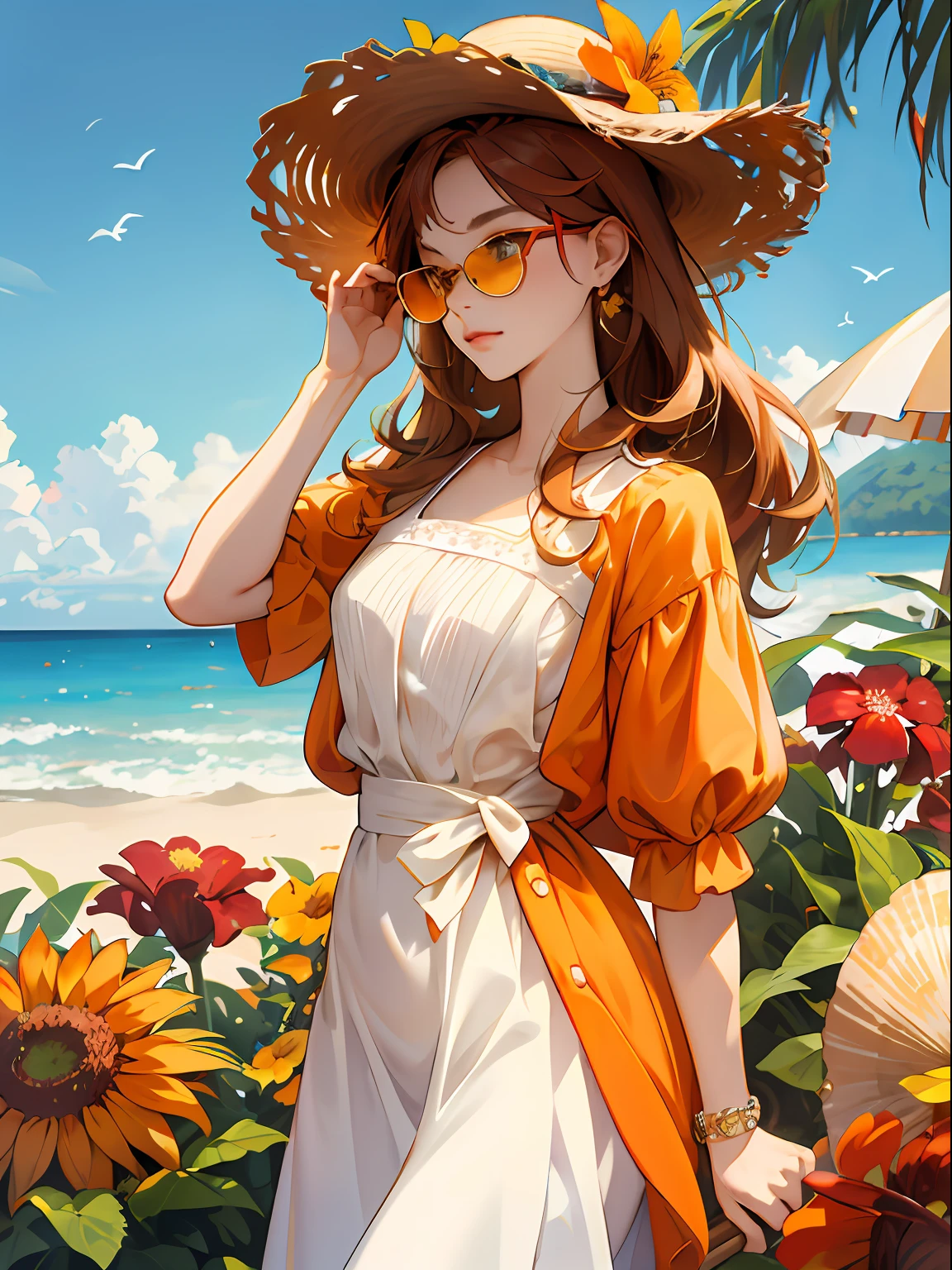 absurderes，A high resolution，ultra - detailed，1girl，独奏，Very detailed eyes，starfish，sea shell，sea shell，florals，Hats，hair adornments，jewely，Straw Hat Hat，looking at viewert，sun glasses，Cap flower，drinking straw，hair pin，耳Nipple Ring，Red flowers, colored glasses, yellowflower, By bangs, english text, Colorful hair, Orange flowers, brunette color hair, Nipple Ring, Ccup, long whitr hair, orange-tinted eyewear, dining, brown  hair, sportrait, shell hair ornament，Put your hands behind you