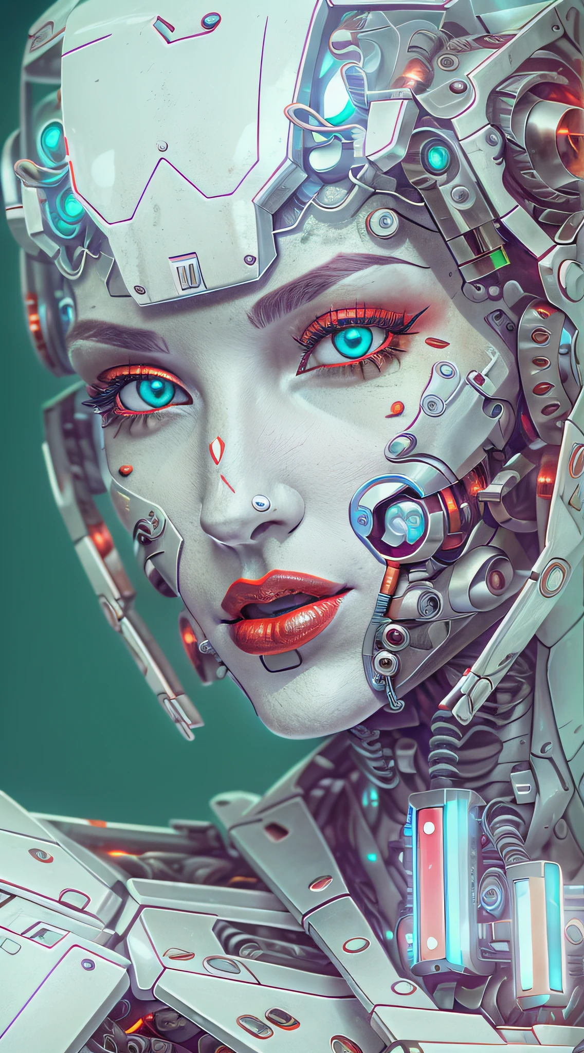 Araffed Cyborg with super detailed pieces of white plastic in very high resolution with red lipstick and light blue eyes