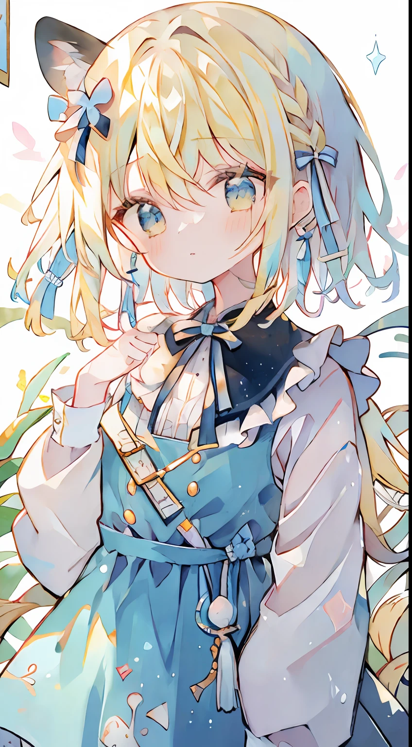 alice in the wonderland、cute little、Yellow hair、Blue ribbon on head、​masterpiece、Top image quality、top-quality、Alice in Wonderland Costume、Alice in Wonderland background