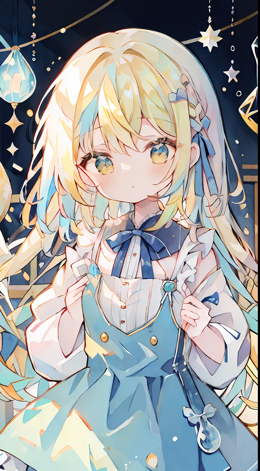 alice in the wonderland、cute little、Yellow hair、Blue ribbon on head、​masterpiece、Top image quality、top-quality、Alice in Wonderland Costume、Alice in Wonderland background