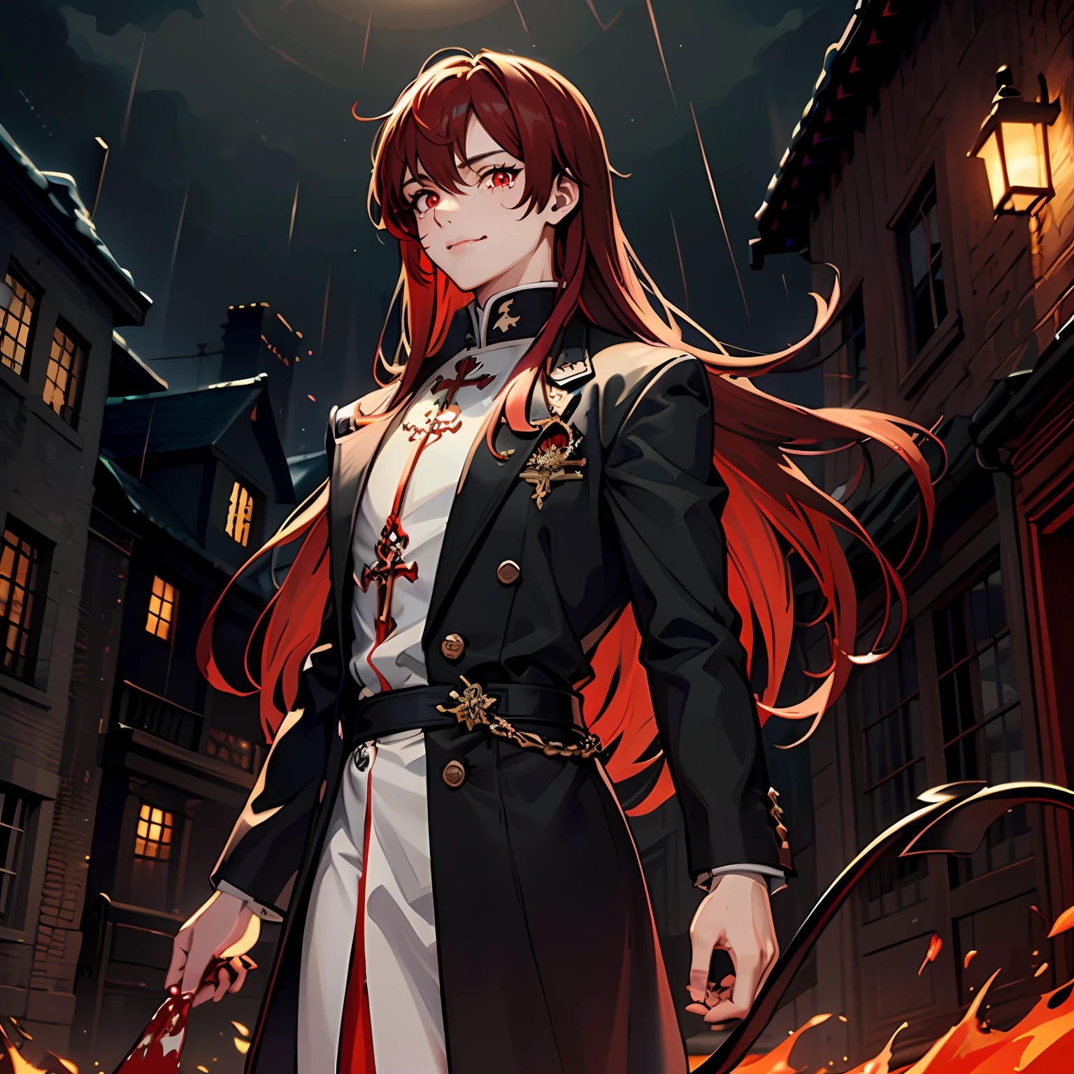 (absurd, highres, ultra-detailed),((human)),((((male )))), finely detailed eyes, ((dark red hair)), complex pattern, detailed face, magic effect, best proportion four fingers and one thumb, blood, red aura, smile, closed mouth, ((glowing red eyes)), torn clothes, cassock, demon tail, walking in a city, bloody hands, crying blood, macabre, gothic, ((long hair)), heavy rain, night, dark, blood moon, only 1 people, mask