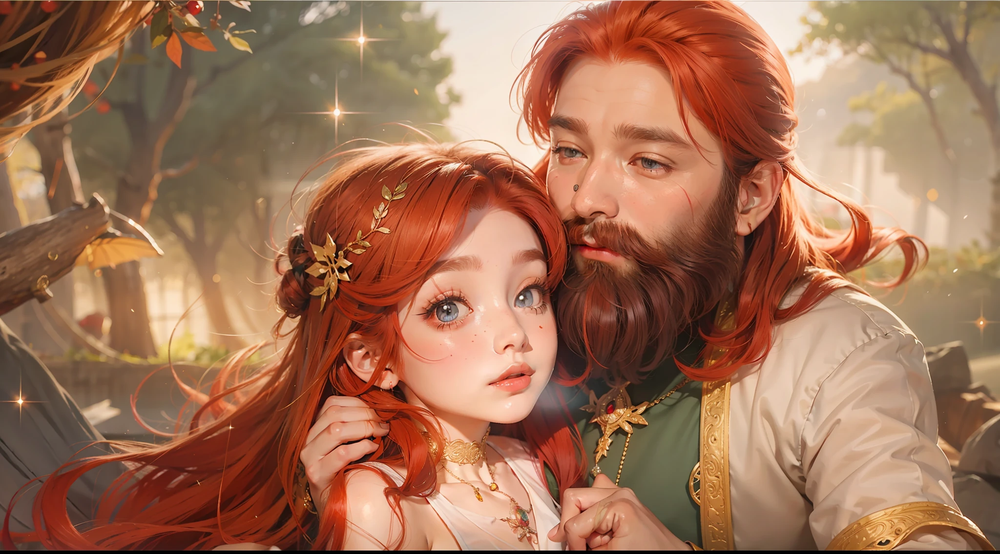 A beautiful red-haired girl, her father with a beard and long red hair and a beautiful sparkling gemstone