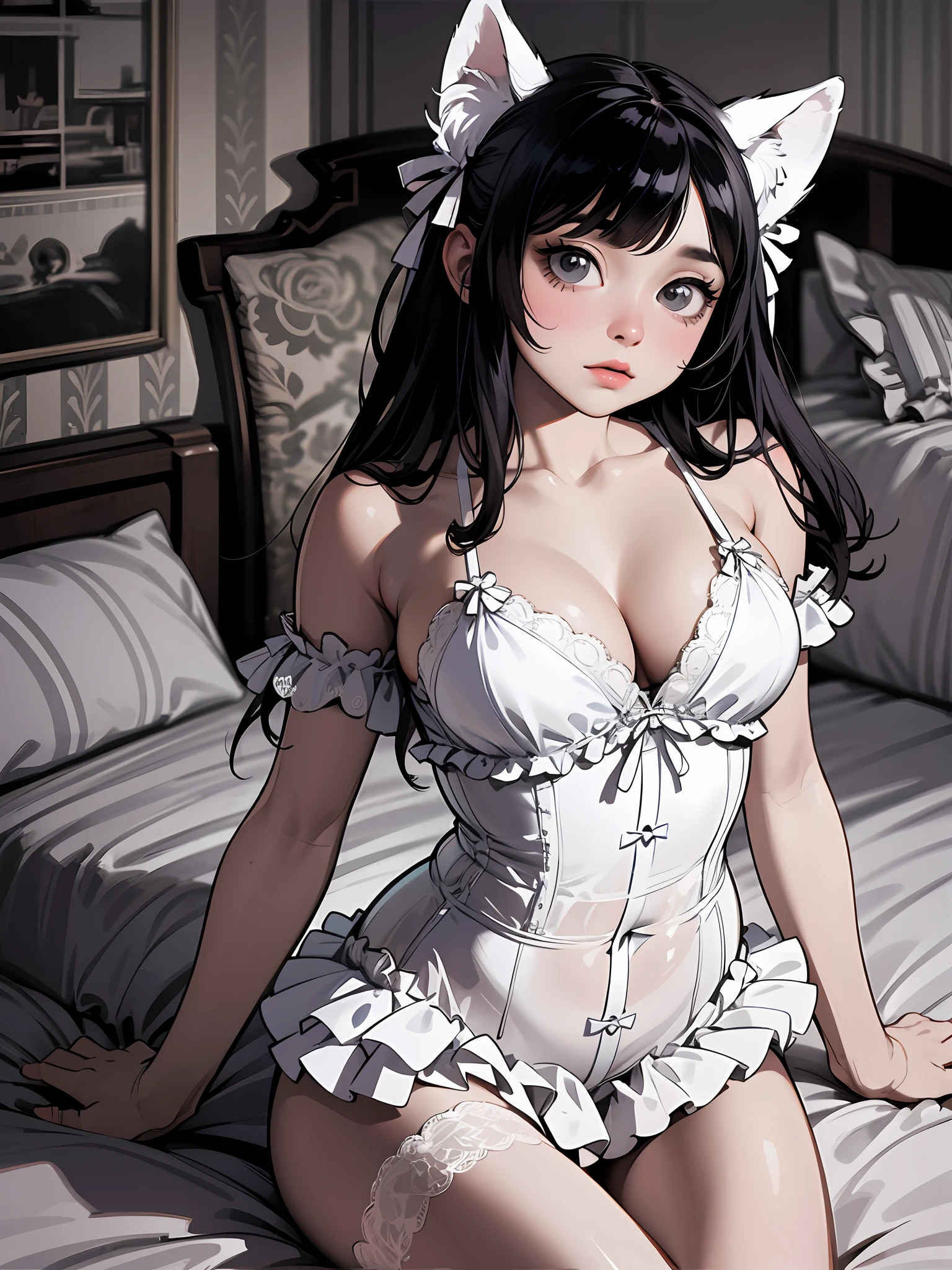 (Artwork of exceptional craftsmanship),(Detailed illustrations,(Very ideal anatomy),Very detailed and detailed drawing,Delicate lines with slow and rapid,(Realistic texture expression)),[Color tressed main line],[Strange bedroom background],[HENTAI ANIME] (JapaneseGirl (Beautiful shape)  student [Luxury Girl] (cat ear ((plump)) (large chest with drooping,[wide areola]))),(Full body lingerie (Pure white corset) (Ribbon Ruffled Lace Fabric [loliashion])),[Realistic and glossy skin expression ([High humidity] (Soft body)),([sitting] [[boredom]] gravure),Transparency, soft ambient light,(Perfectly proportioned),(Fine and beautiful skin expression [realistic skin detail]),[Design built to the highest level,[Advanced structural understanding of materials],Ideal color coordination],(Intricate and beautiful decoration [Dense detail]),(More on shiny hair),[Perfect hand details [Beautiful Finger]],(Beautiful perfect face [Realistic face details]),[Clear gaze],[long and beautiful eyelashes],[Perfect eye details (Eyes beautifully drawn down to the smallest detail)],(detaileds,high-detail),([Precision Detail],[multi-layer texture],HighQuality,hight resolution),[(Accurate simulation of light-material interactions),Understanding Airflow,Mechanically correct representation],[Visual art that conveys a sense of narrative] [Full body like],[[Desaturation]].