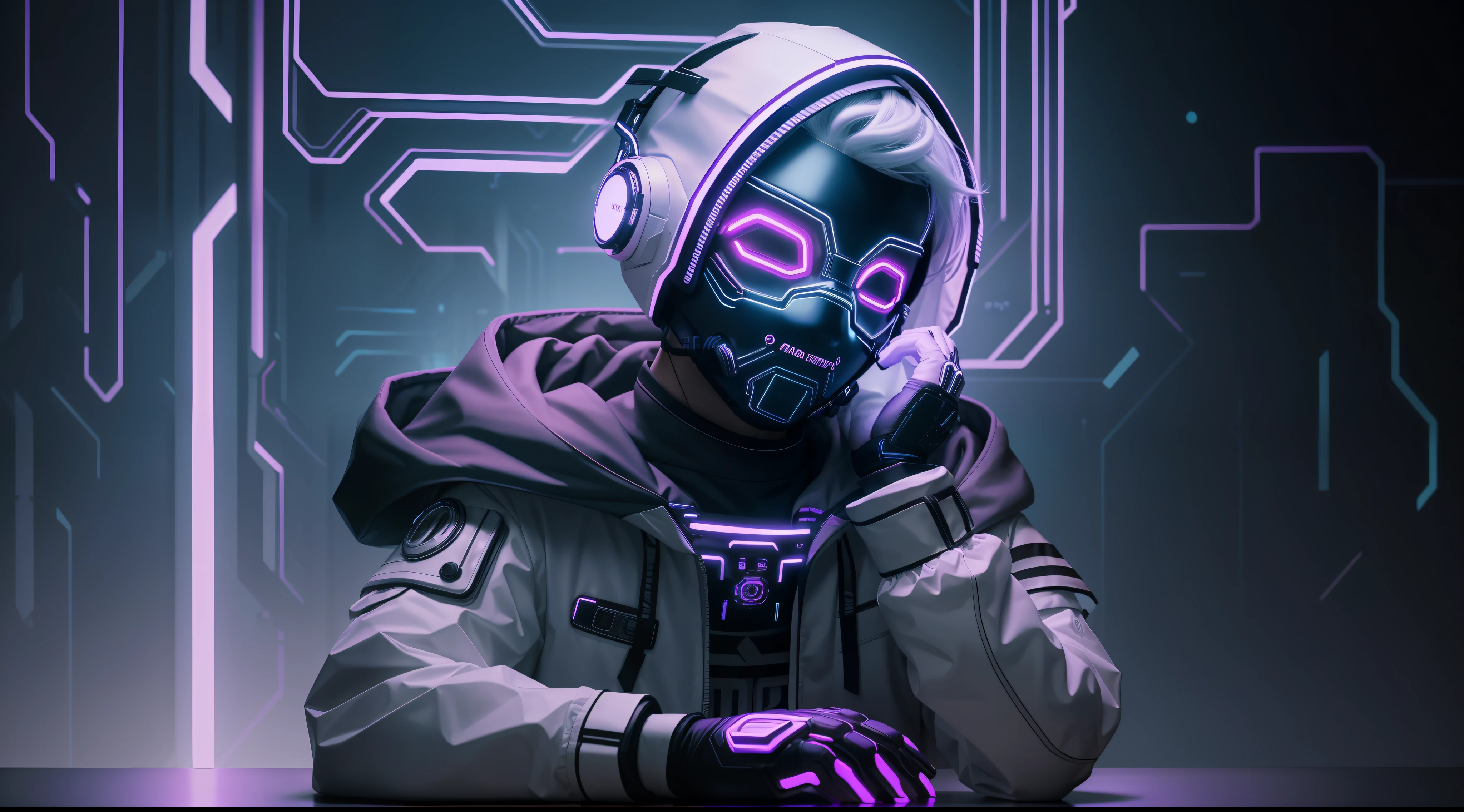 (awesome scene) hooded boy wearing cybernetic led mask with medium hair with white hair sash in his hair on a table as if he were on a camera podcast positioned below the shoulder line and the boy with the gloved hand on the chin and background of a cyber punk cyber city