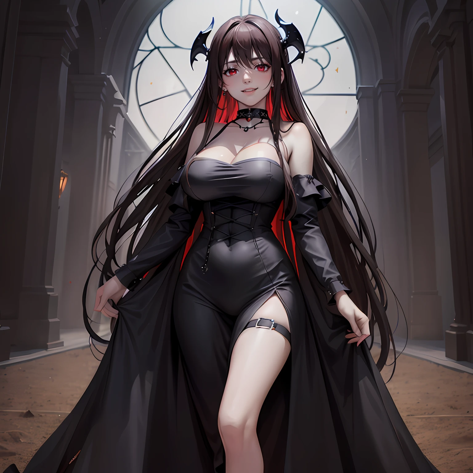 masterpiece, ultra quality, detailed, 4k quality, long hair. dark brown hair, red eyes, hair down, black outfit, sexy outfit, gothic, black theme, graveyard, stars, skulls, night, illuminating light, curvy, large bust, black choker, smiling expression, full body