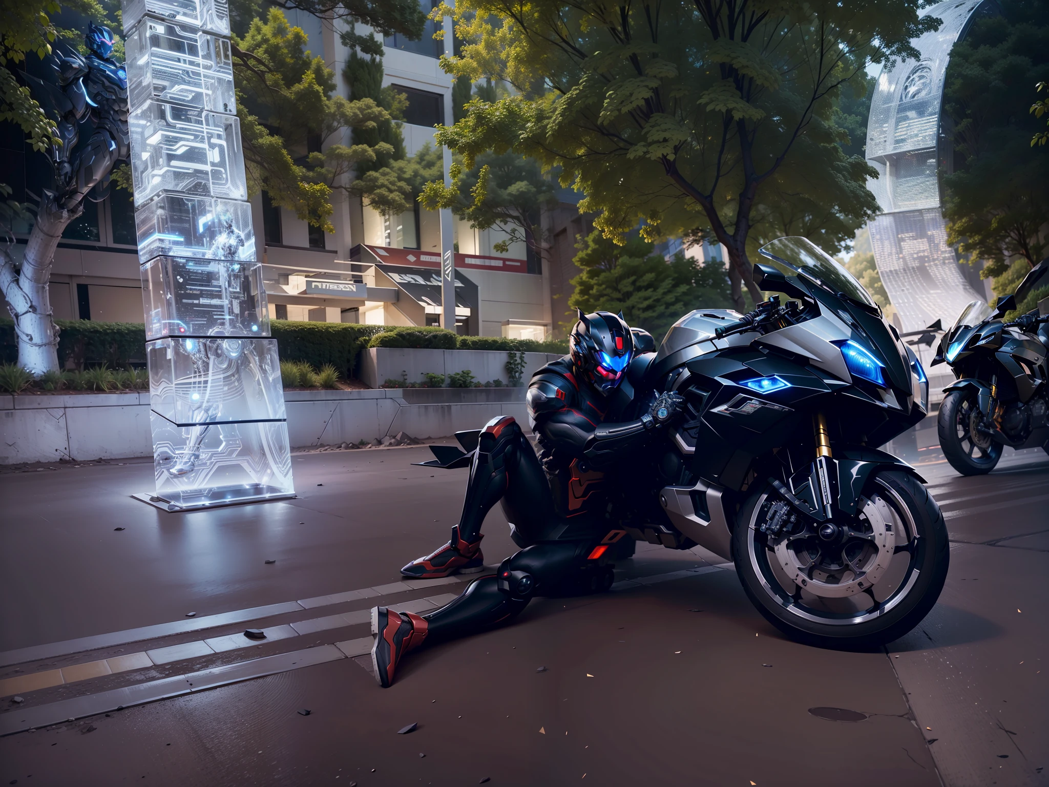 Cyber Man Warrior and Cyber Mechanical Motorcycle, Full Body Exquisite High-Tech Armor, Exquisite Black Tech Helmet, Nousr, Biomechanics, MSHN Robot Man, High-Tech Helmet, Surreal, Steel, Intricate Design, Crazy Details, Fine Details, Extremely Clear Lines, Cinematic Lighting, Photo Realistic, Detailed Masterpiece