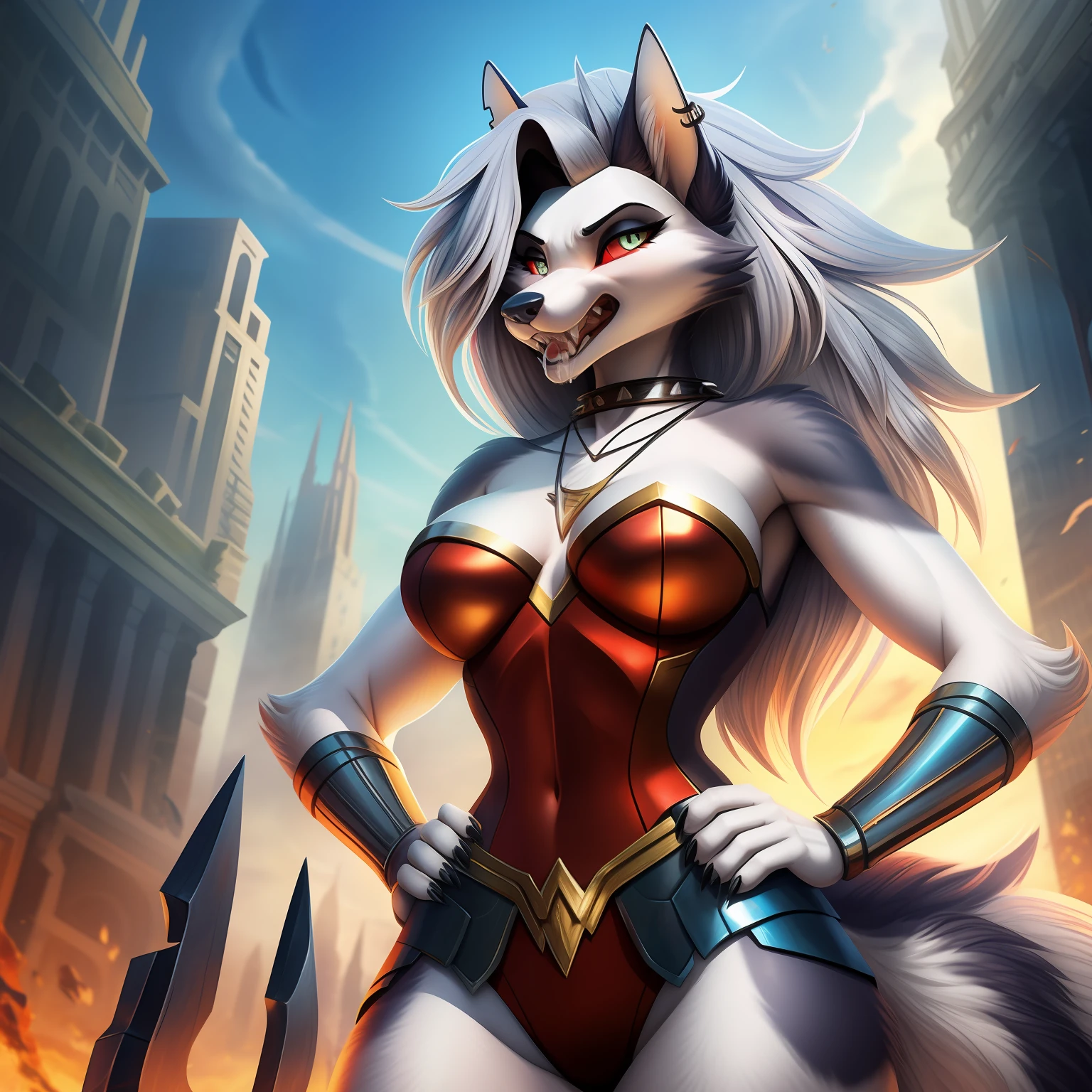 （tmasterpiece、Need、Ultra-delicate、A high resolution），( Loona Hellhound， Luna)，独奏，Green eyes，slenderness，（Oversized, sagging breasts），(hands on hips)，The expression is angry，gritting teeth，drools，mouth drool，The heart in the pupil，big pelvis，sharp sharp eyes， （Wonder Woman armor），armour， fittings：golden rings、Simple hoop earrings、Shell necklace，Glowing skin， city ruins，background detail，（Huge feeling），（full bodyesbian、Top angle of view、Close-up Shot Shot）