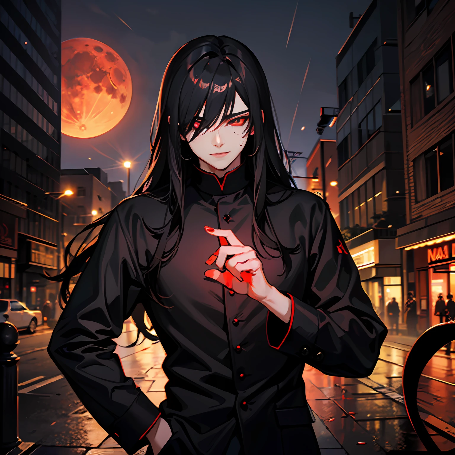 (absurd, highres, ultra-detailed),((human)),((((male teen)))), finely detailed eyes, ((black hair)), complex pattern, detailed face, magic effect, best proportion four fingers and one thumb, blood, red aura, smile, closed mouth, ((glowing red eyes)), torn clothes, cassock, demon tail, walking in a city, bloody hands, crying blood, macabre, gothic, ((long hair)), heavy rain, night, dark, blood moon, only 1 people
