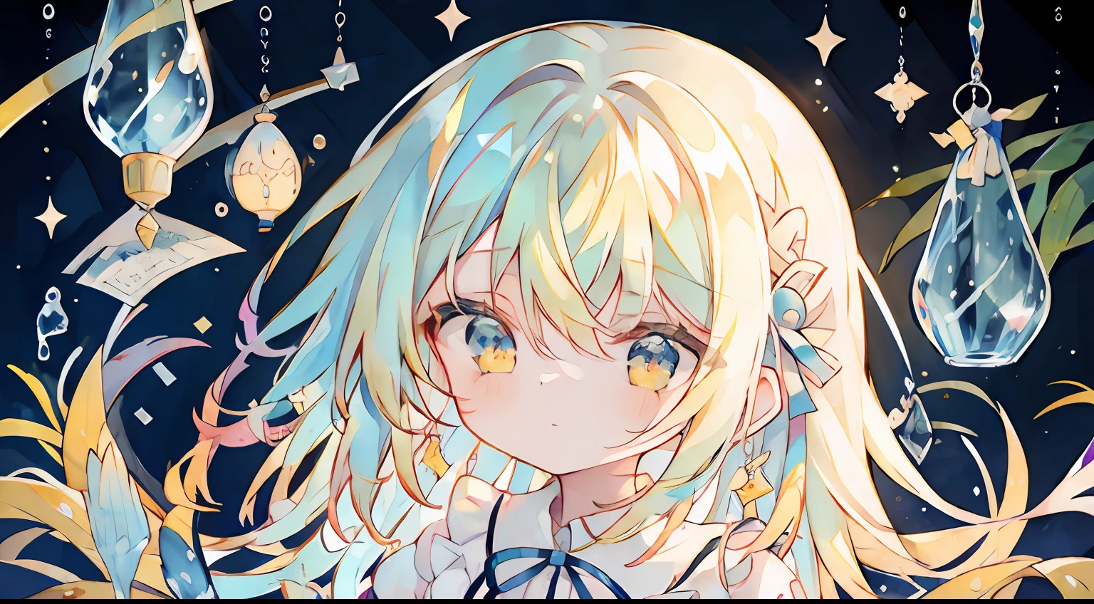 alice in the wonderland、cute little、Yellow hair、Blue ribbon on head、masterpiece、Top image quality、top-quality、Alice in Wonderland Costume、Alice in Wonderland Background