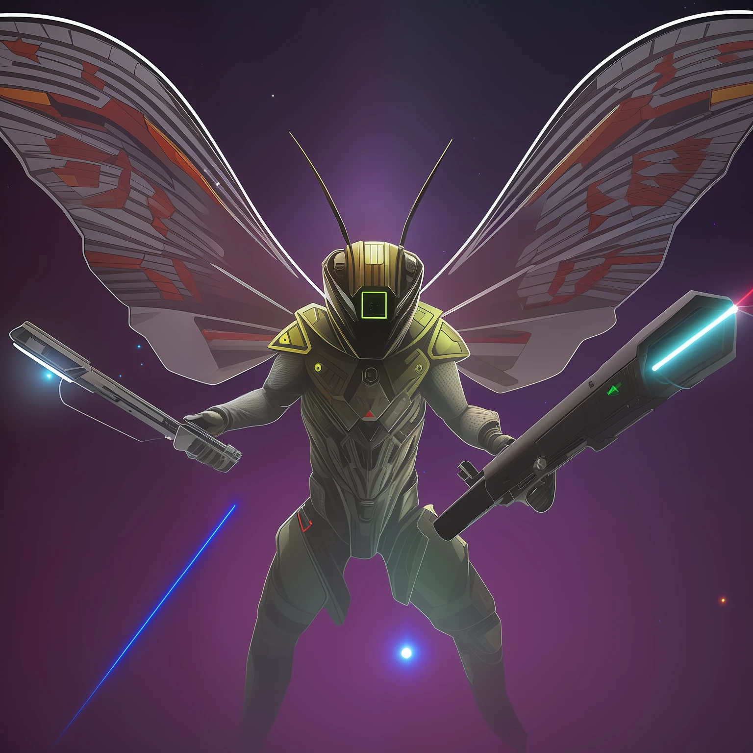 Humanoid moth holding two laser pistols