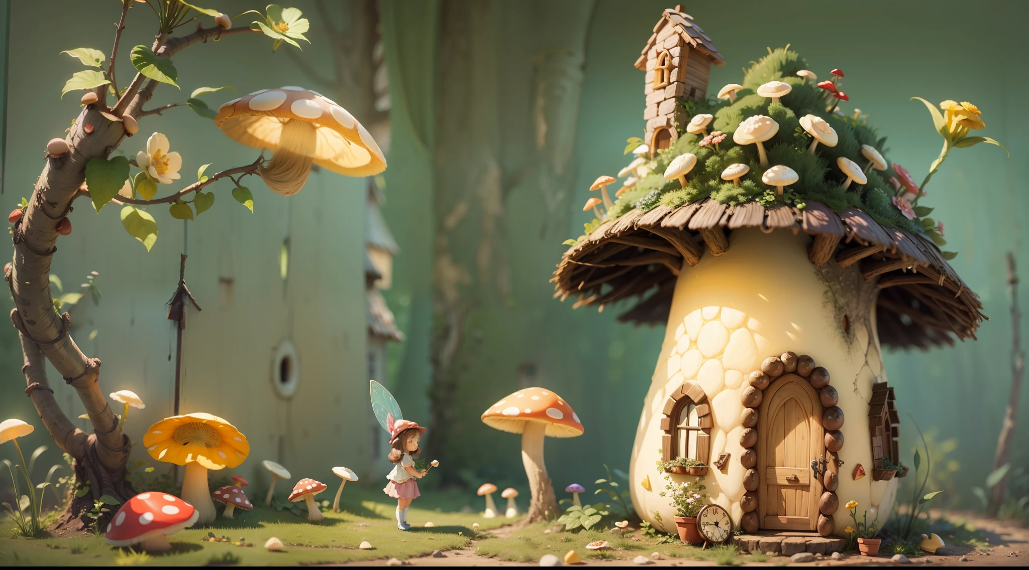 Fairy tale picture book,Cogumelos,mushroom house,bit girl,Grandma,florals,A plant,high qulity,16K resolution,(best qualtiy),(tmasterpiece),super-fine,Detailed pubic hair,Accurate