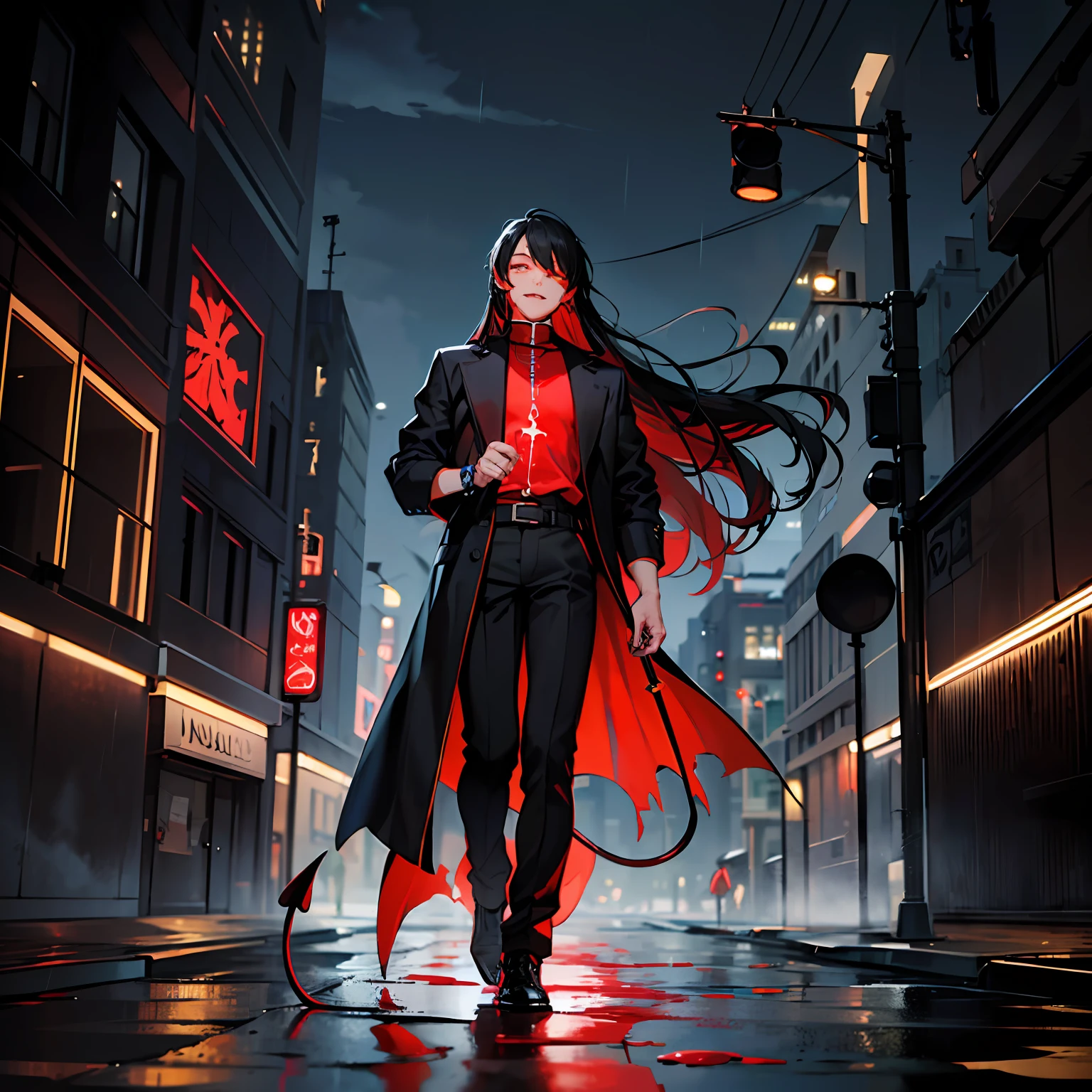 (absurd, highres, ultra-detailed),((human)),((((male teen)))), finely detailed eyes, ((black hair)), complex pattern, detailed face, magic effect, best proportion four fingers and one thumb, blood, red aura, smile, closed mouth, ((glowing red eyes)), torn clothes, cassock, demon tail, walking in a city, bloody hands, crying blood, macabre, gothic, ((long hair)), heavy rain, night, dark, blood moon, only 1 people