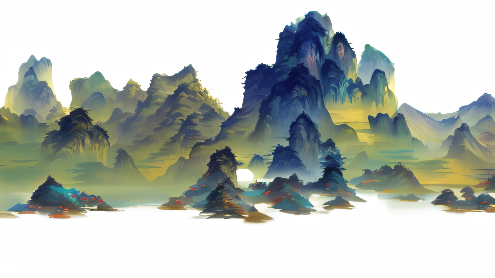 Paint mountain landscapes,Boat in the water, Floating mountains, Detailed scenery —width 672, Chinese landscape, avatar landscape, mountain scene, beautiful landscape rendering, Fractal landscape, Anime landscape, made of tree and fantasy valley, mountainous background, digital landscape art, ethereal landscape, Beautiful rendering of the Tang Dynasty, Mountains, Peaks, misty mountains