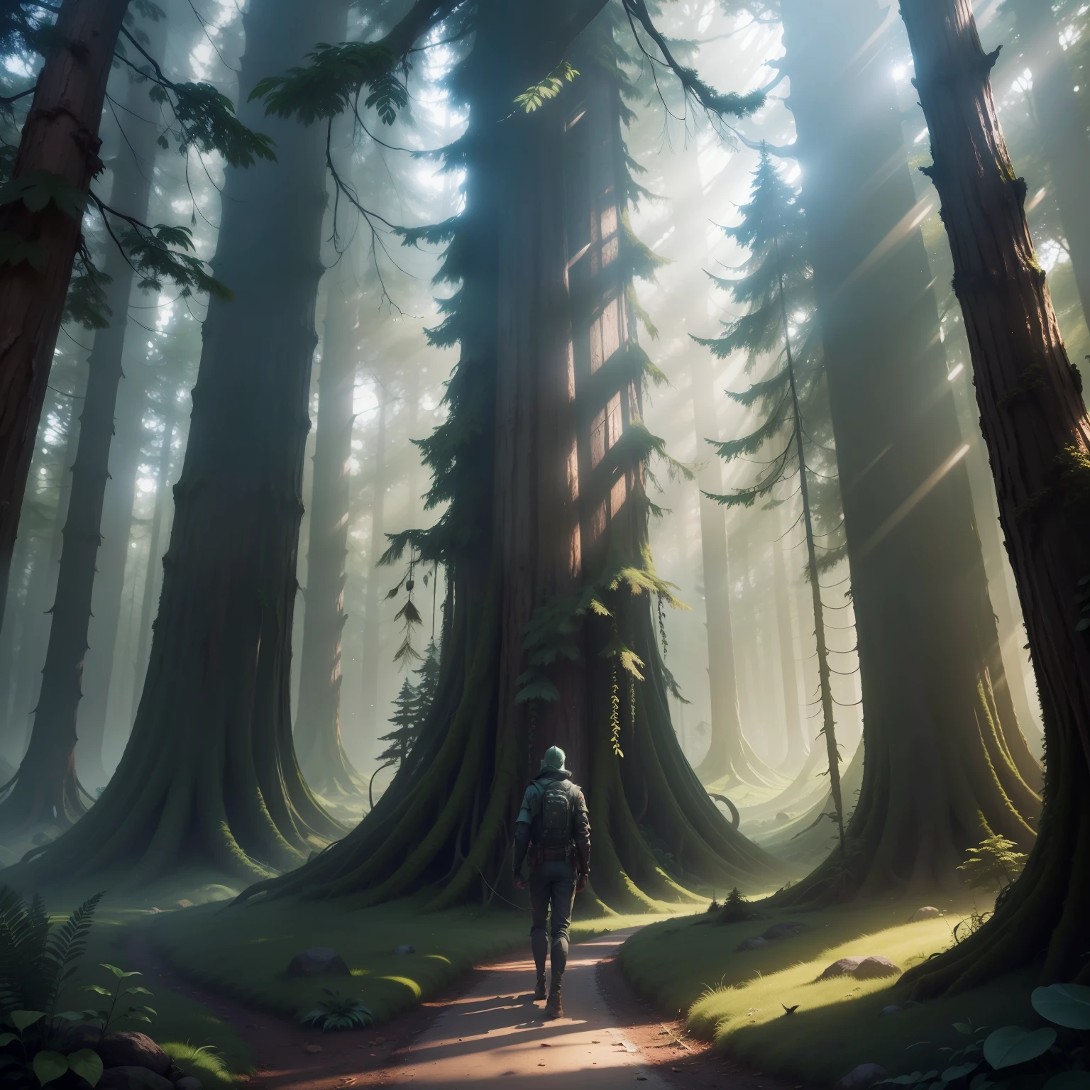 Fantasy sci fi forest , three dimensional image ,aesthetic, sinematik, realistis, very realistic lighting , ultra hd, ultra detail , smart blur effect,ultra hd 8k image quality,not dotted
