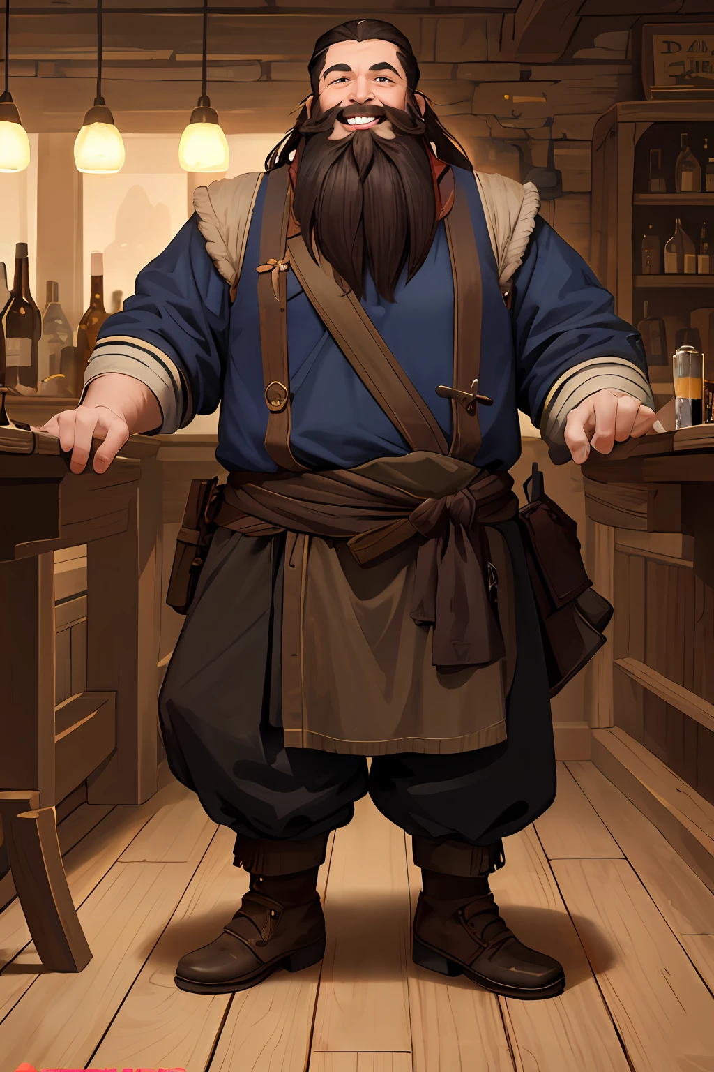 masterpiece, best quality, absurdres, perfect antomy, cinematic lighting, 1boy, sturdy, dwarf, full beard, long beard, merchant, smile, laughing, indoors, tavern, beer
